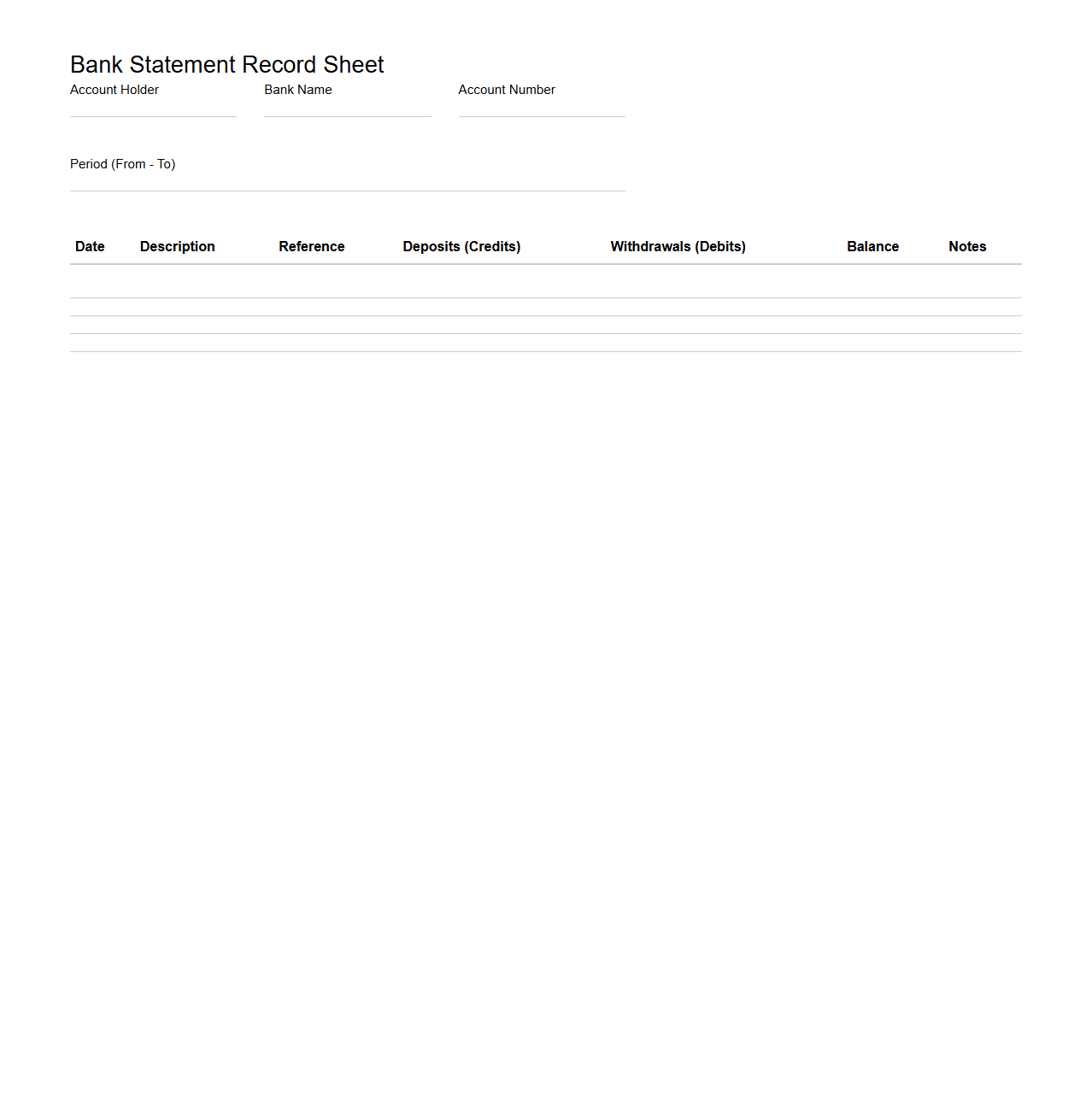 Bank Statement Record Sheet for Cash Flow Analysis