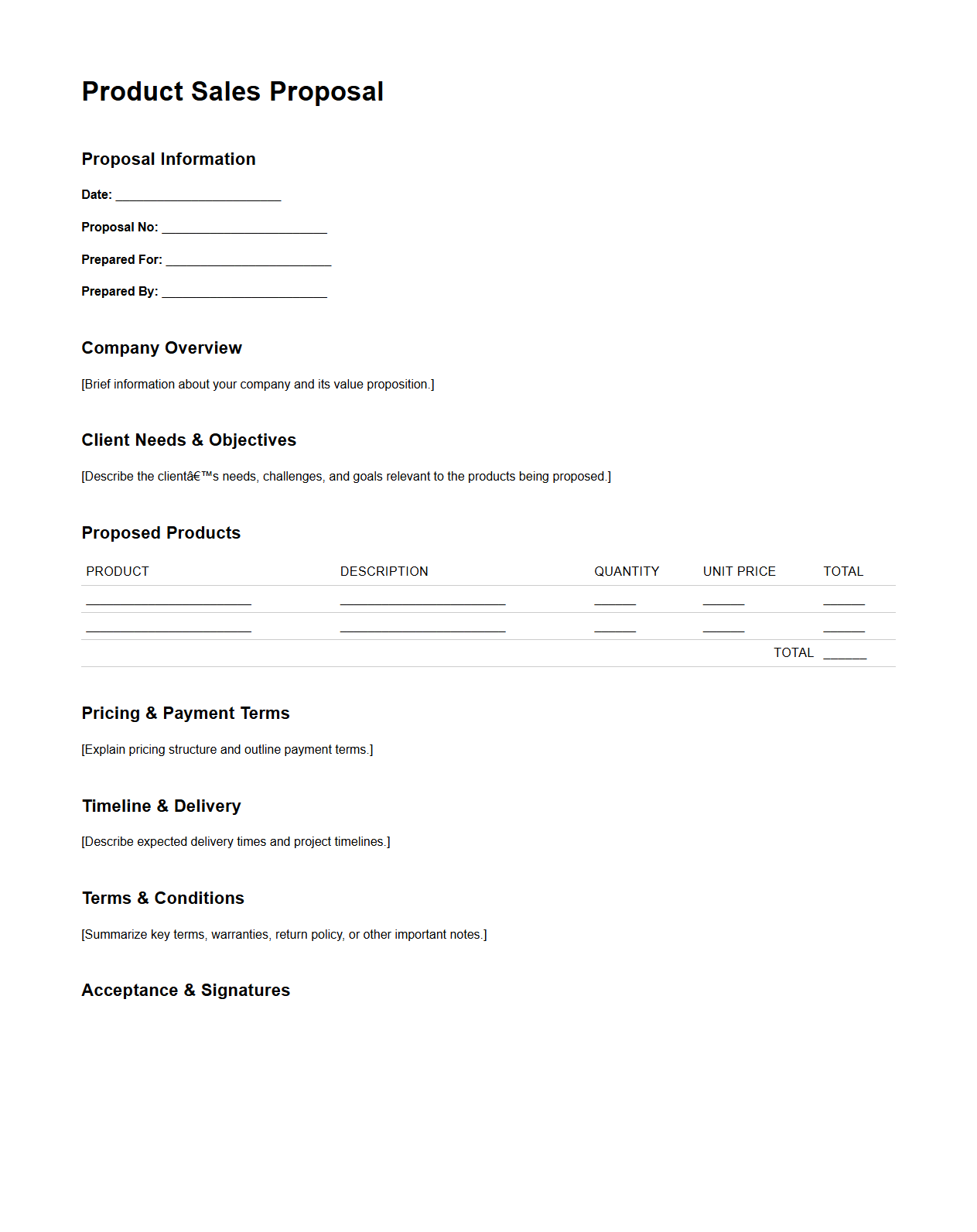 Basic Blank Template for Product Sales Proposals
