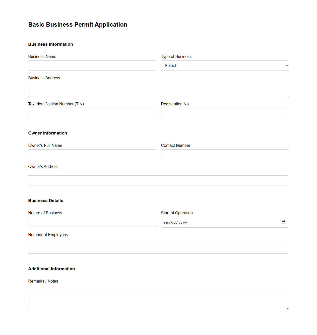 Basic Business Permit Application Template