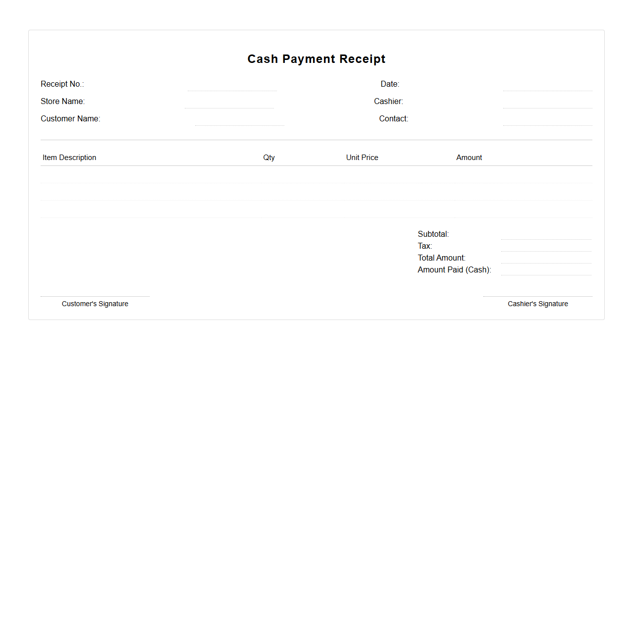 Basic Cash Payment Receipt Template for In-Store Sales
