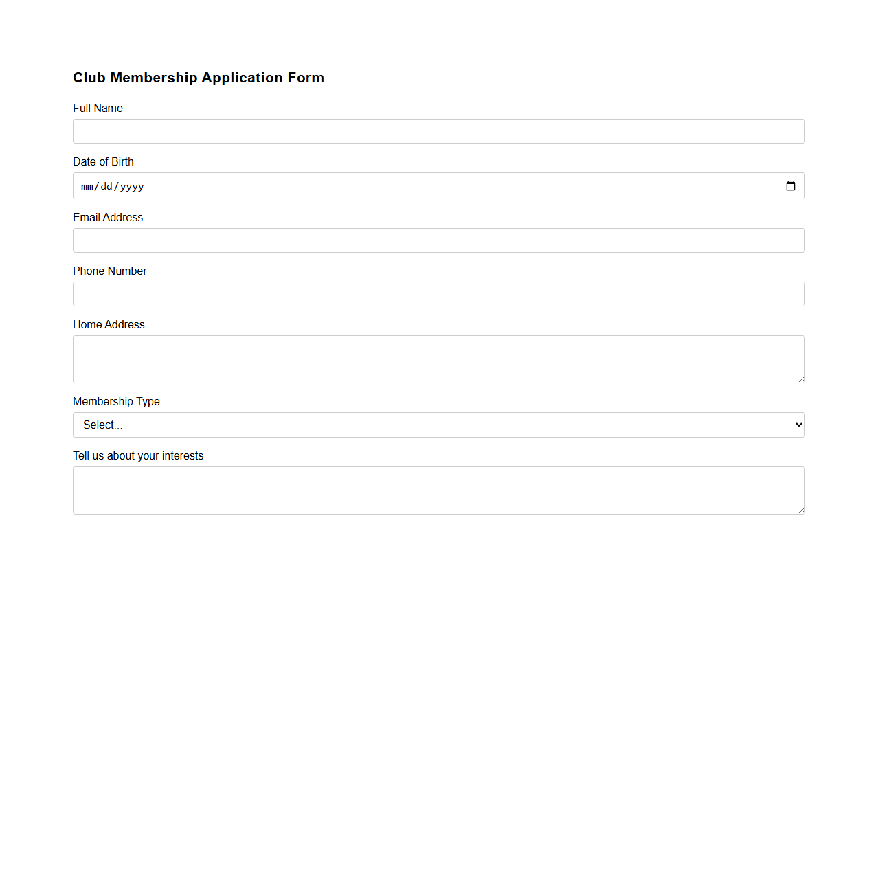 Basic Club Membership Application Form Template