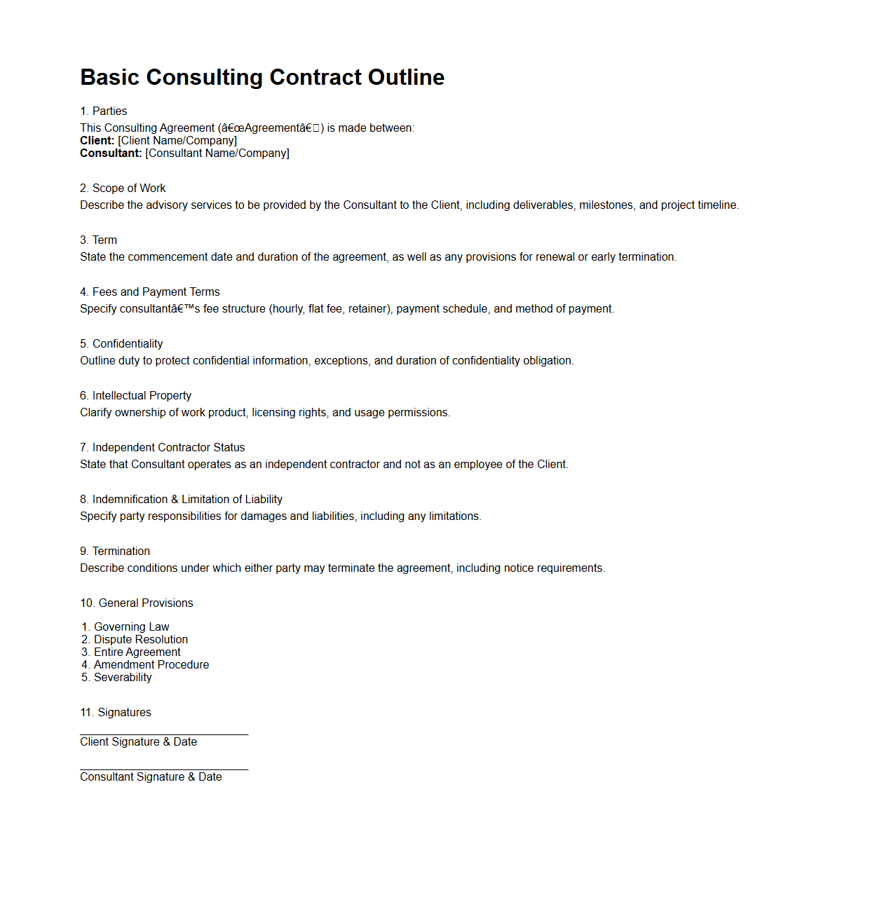 Basic Consulting Contract Outline for Advisory Work