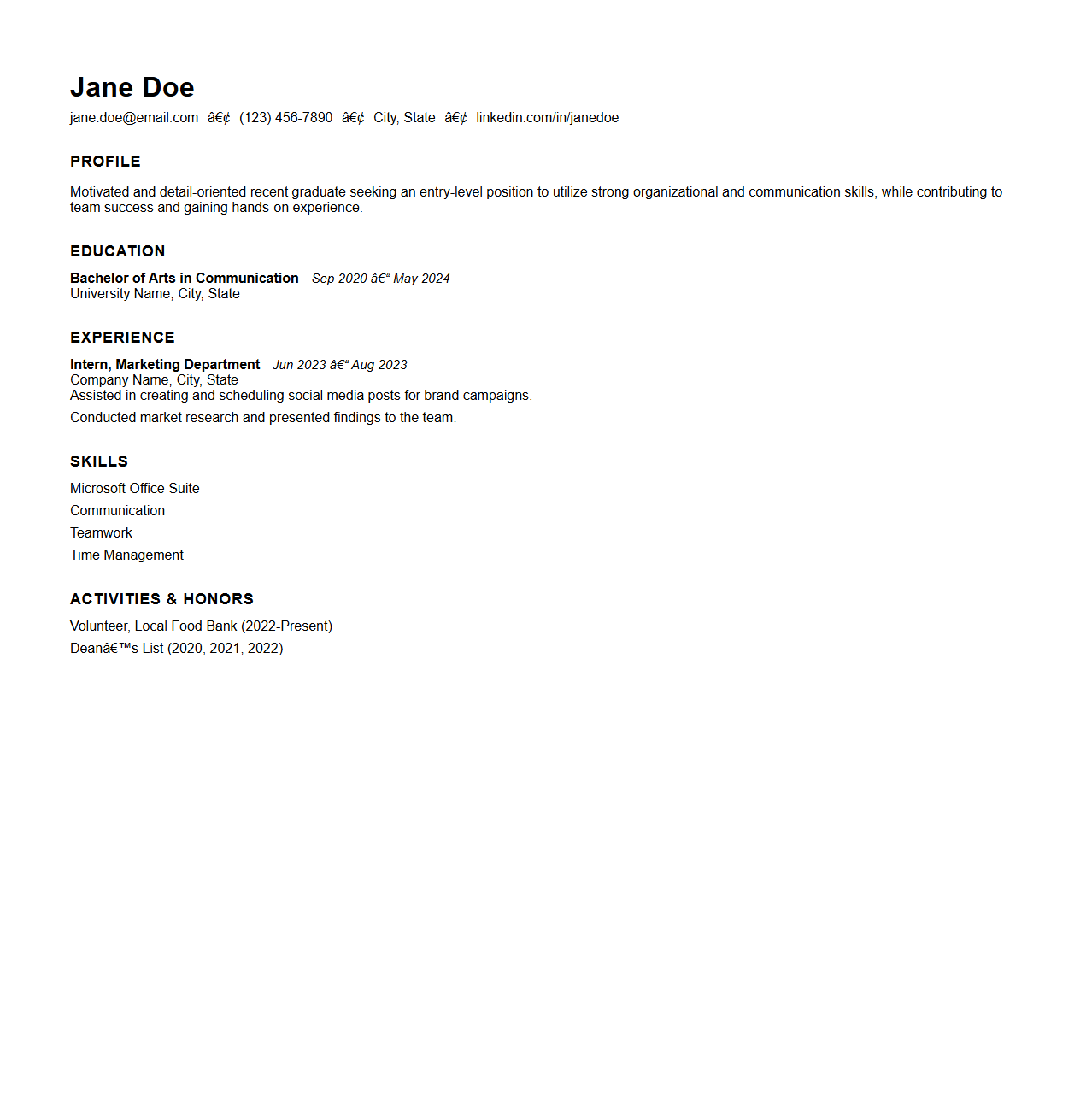 Basic CV Template for Entry-Level Applicants