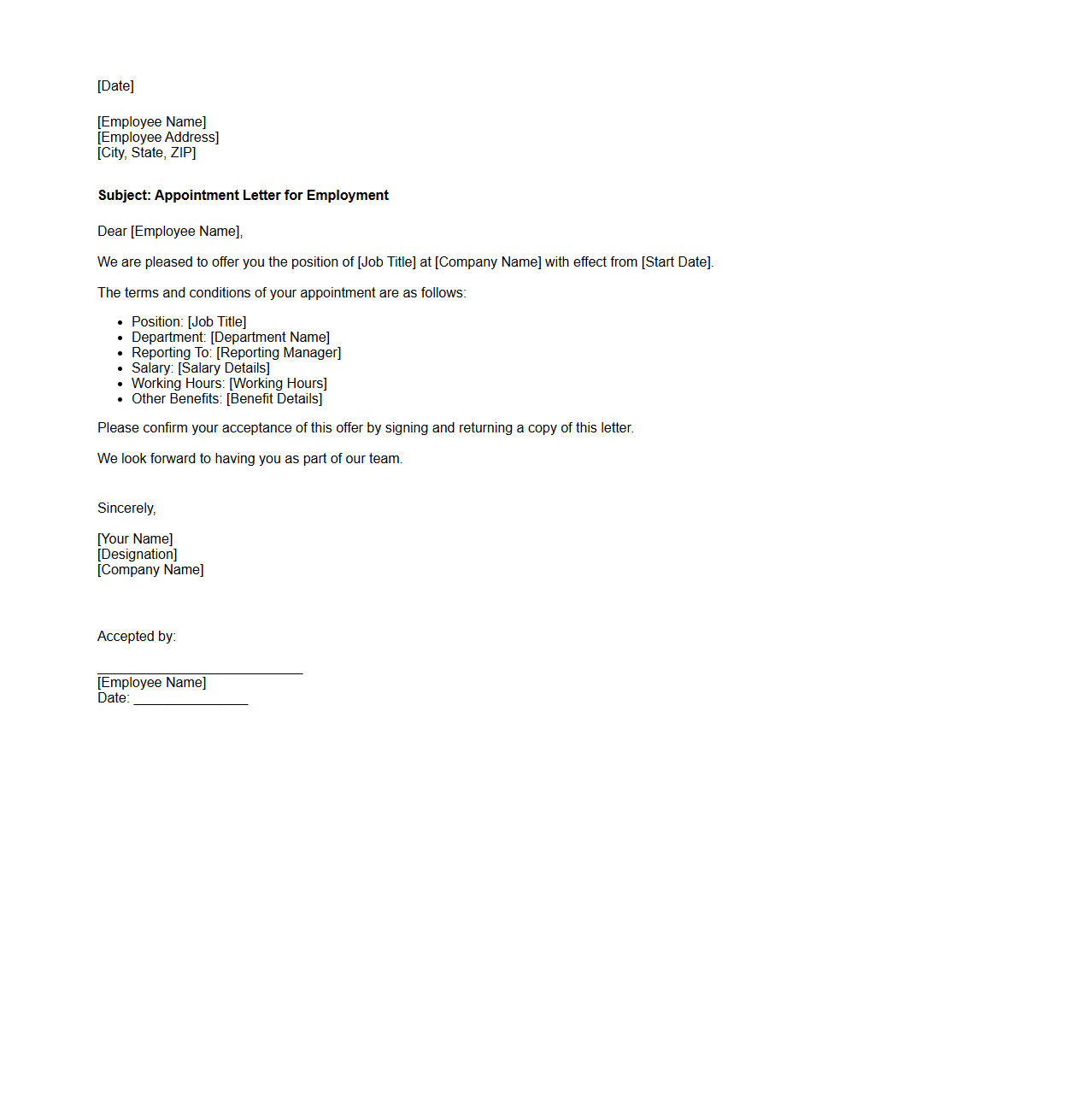 Basic Employee Appointment Letter Template