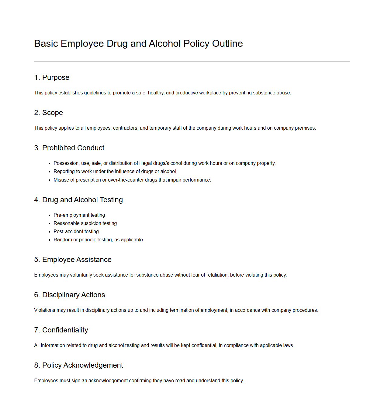 Basic Employee Drug and Alcohol Policy Outline