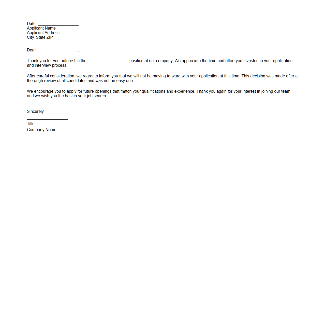 Basic Employment Rejection Letter Structure