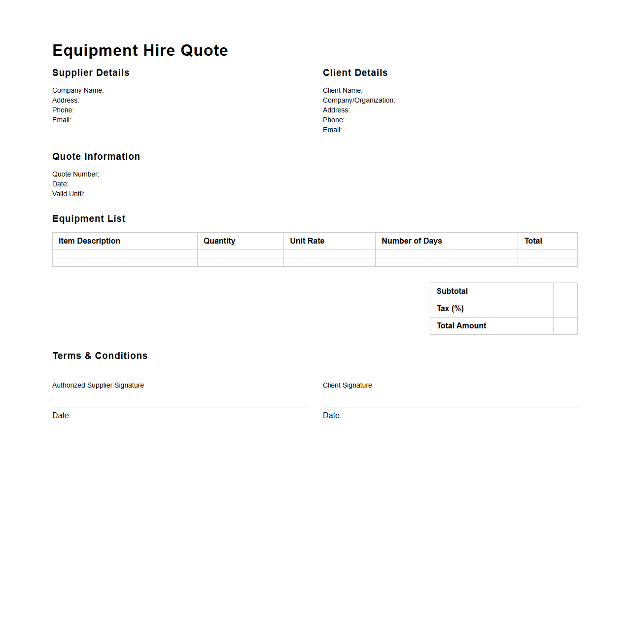 Basic Equipment Hire Quote Document