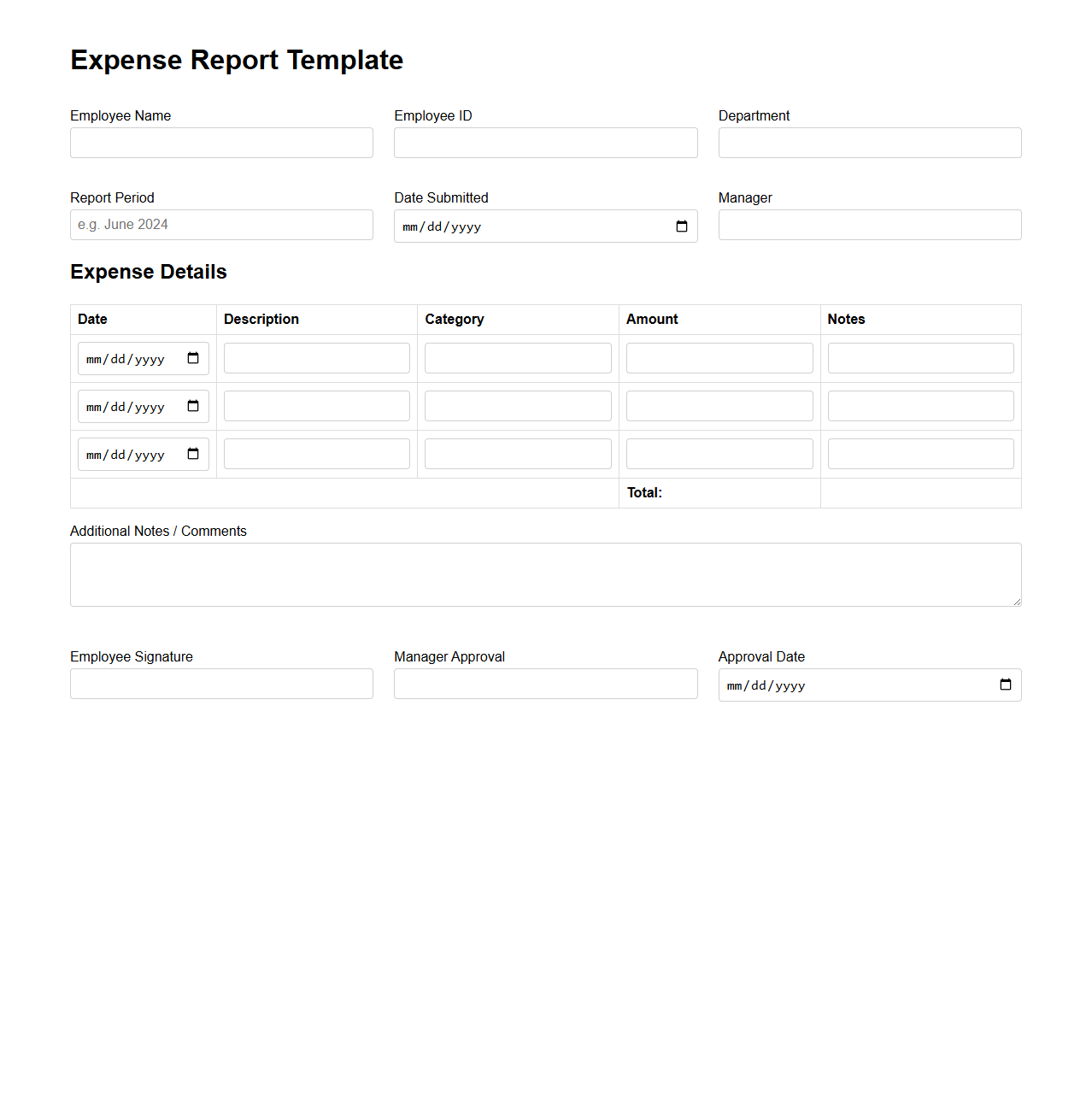 Basic Expense Report Template for Employee Reimbursement
