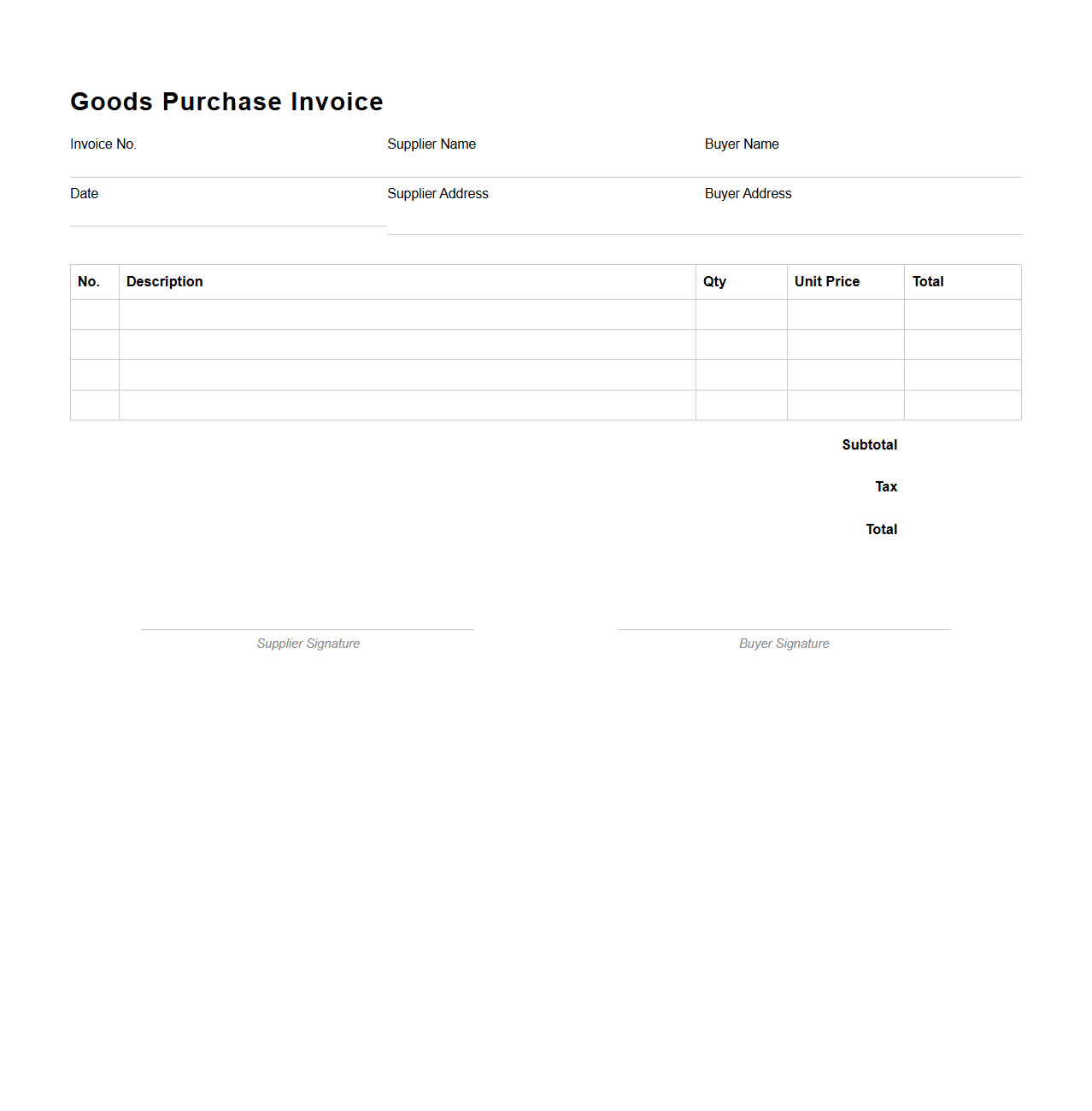 Basic Goods Purchase Invoice Blank