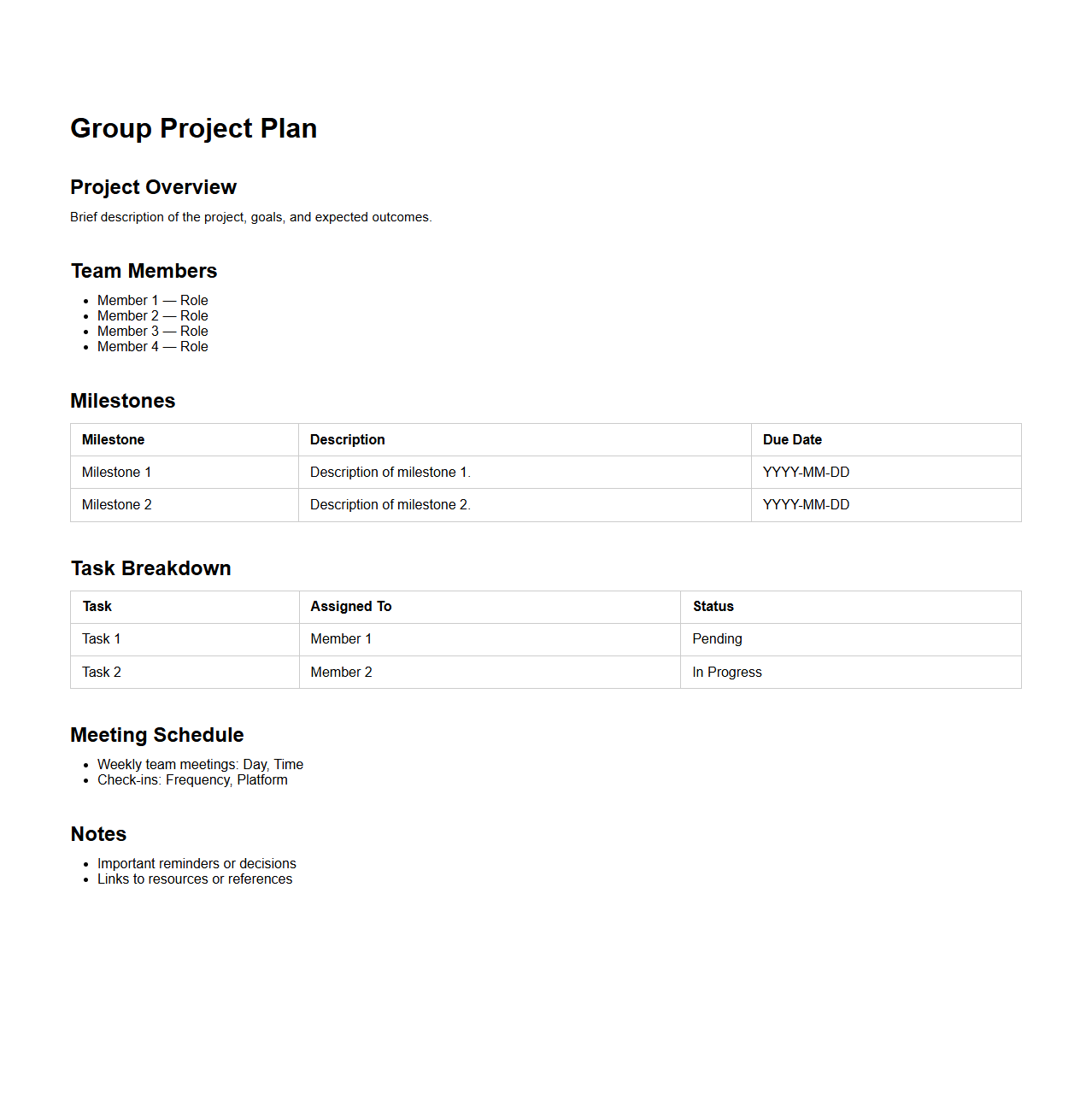 Basic Group Project Plan Layout
