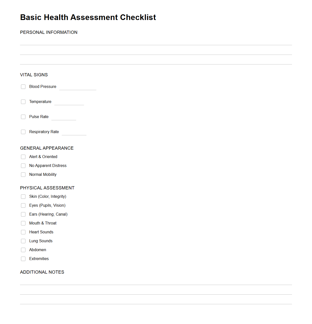 Basic Health Assessment Checklist Format
