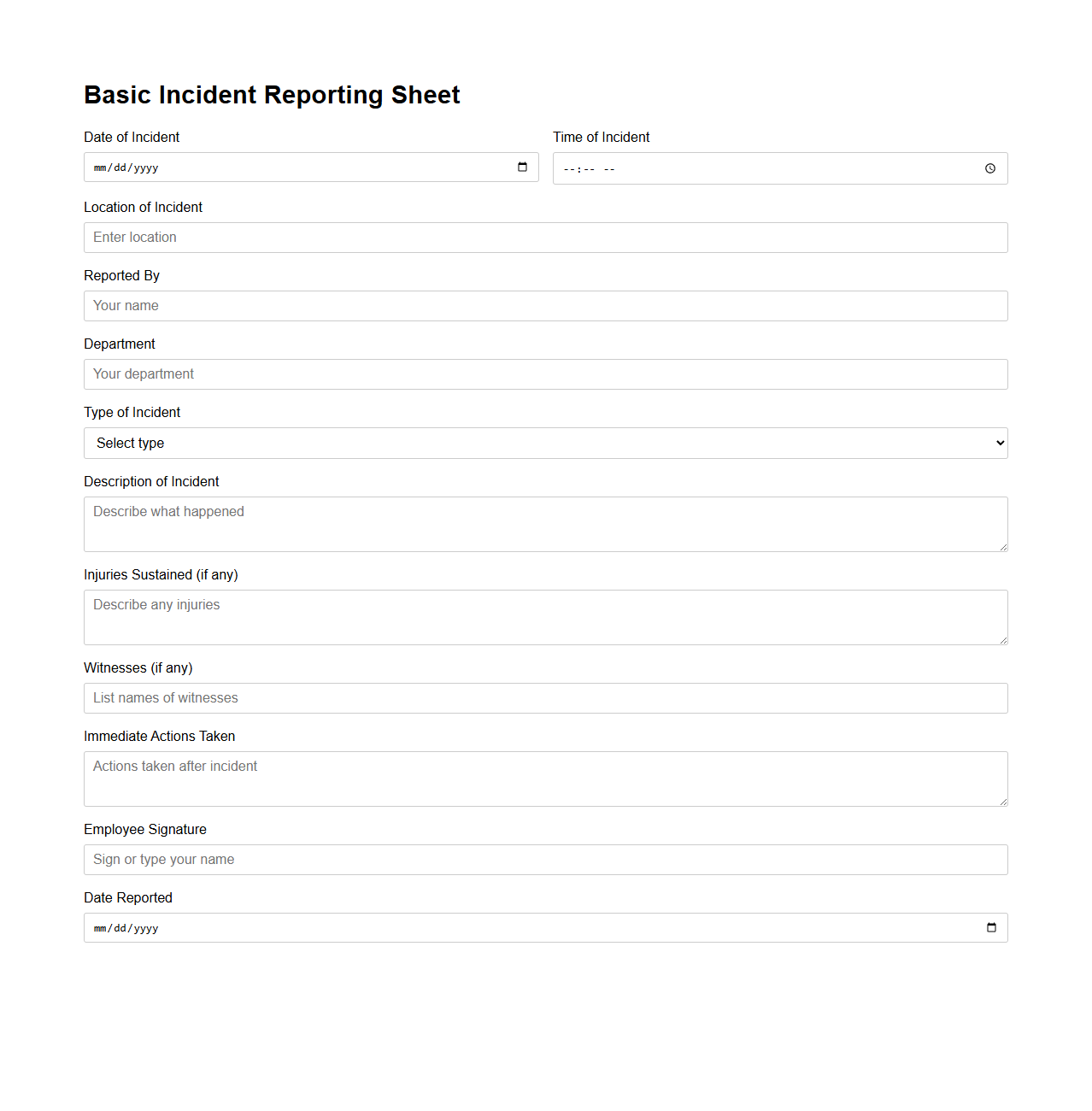 Basic Incident Reporting Sheet for Employees