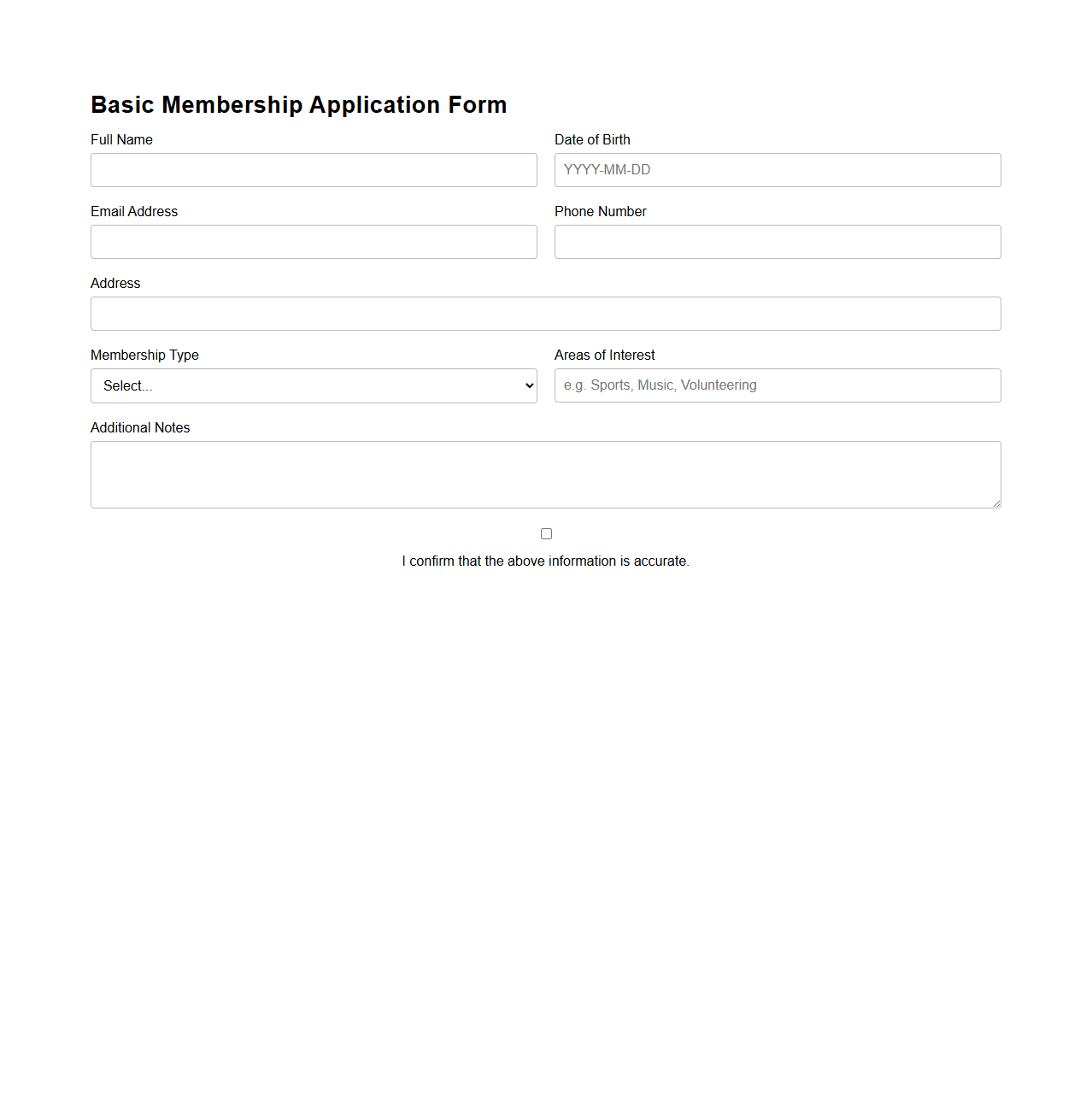 Basic Membership Application Form Template for Clubs