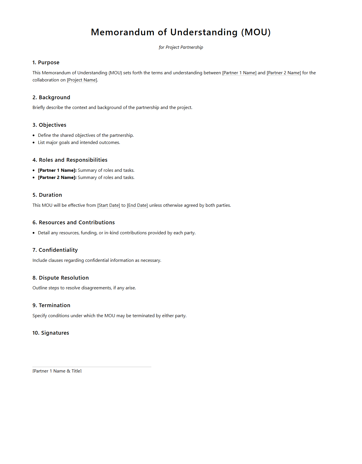 Basic MOU Outline for Project Partnerships