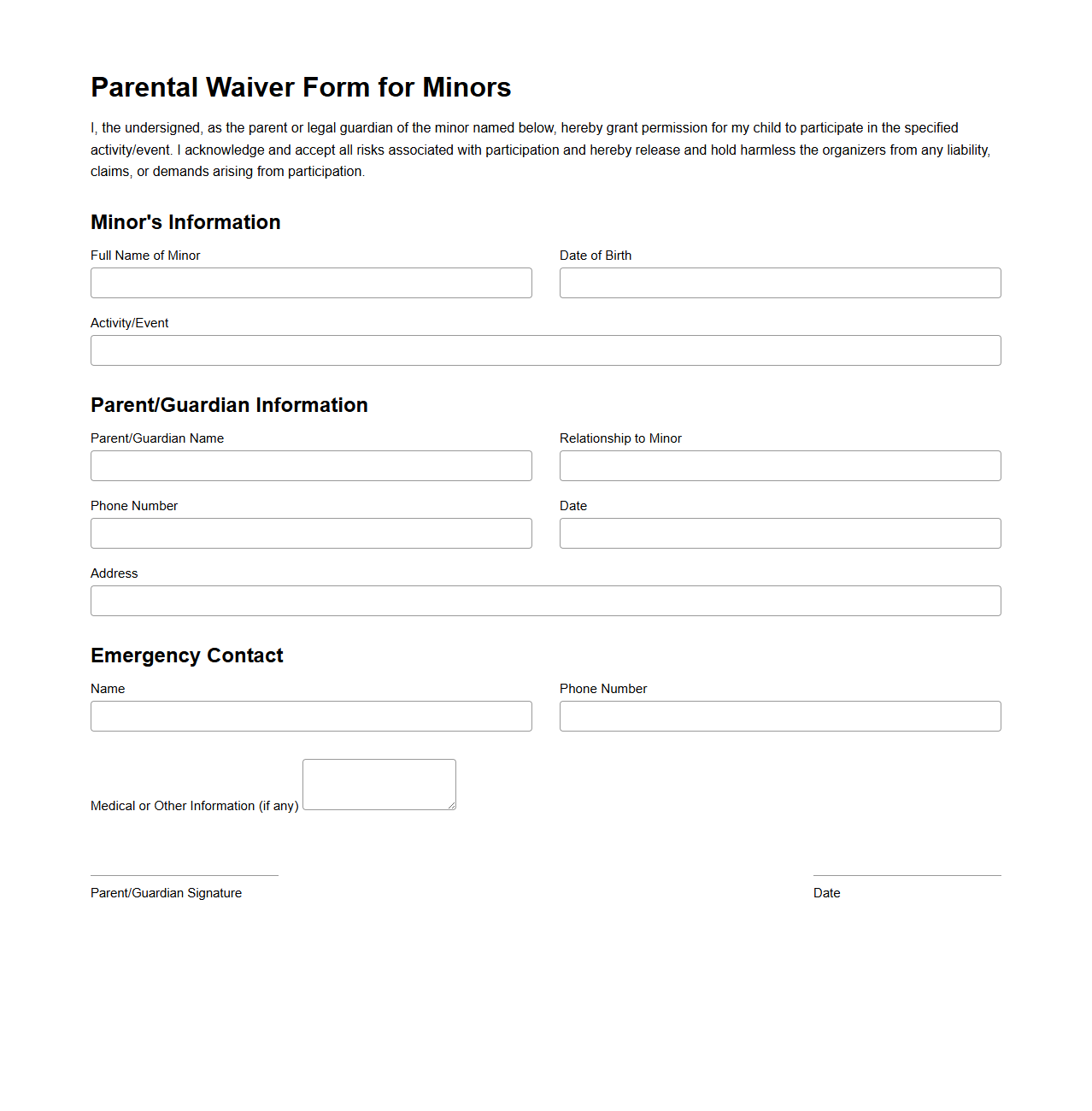 Basic Parental Waiver Form for Minors