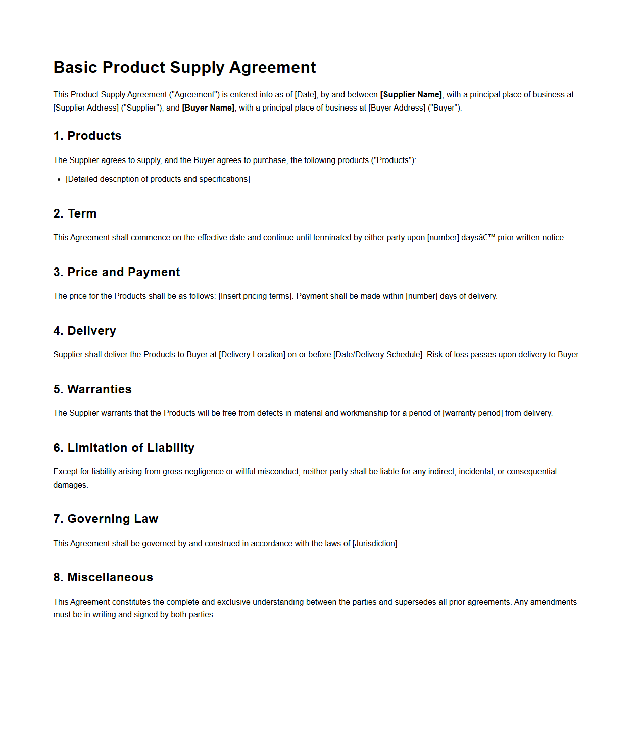 Basic Product Supply Agreement Sample