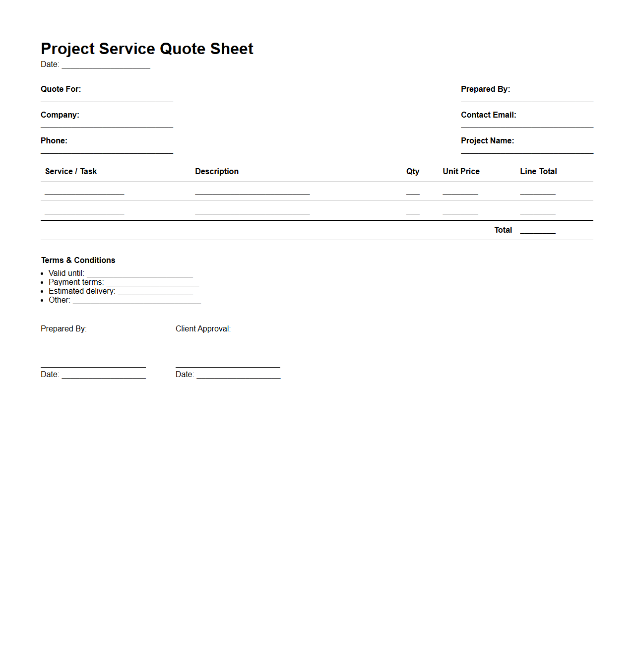 Basic Project Service Quote Sheet
