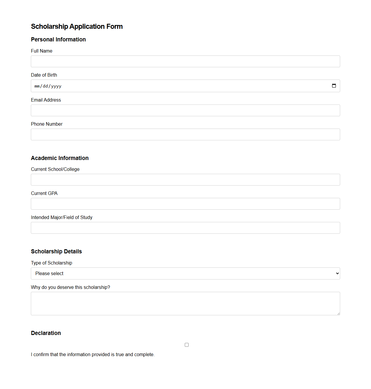 Basic Scholarship Application Form Template