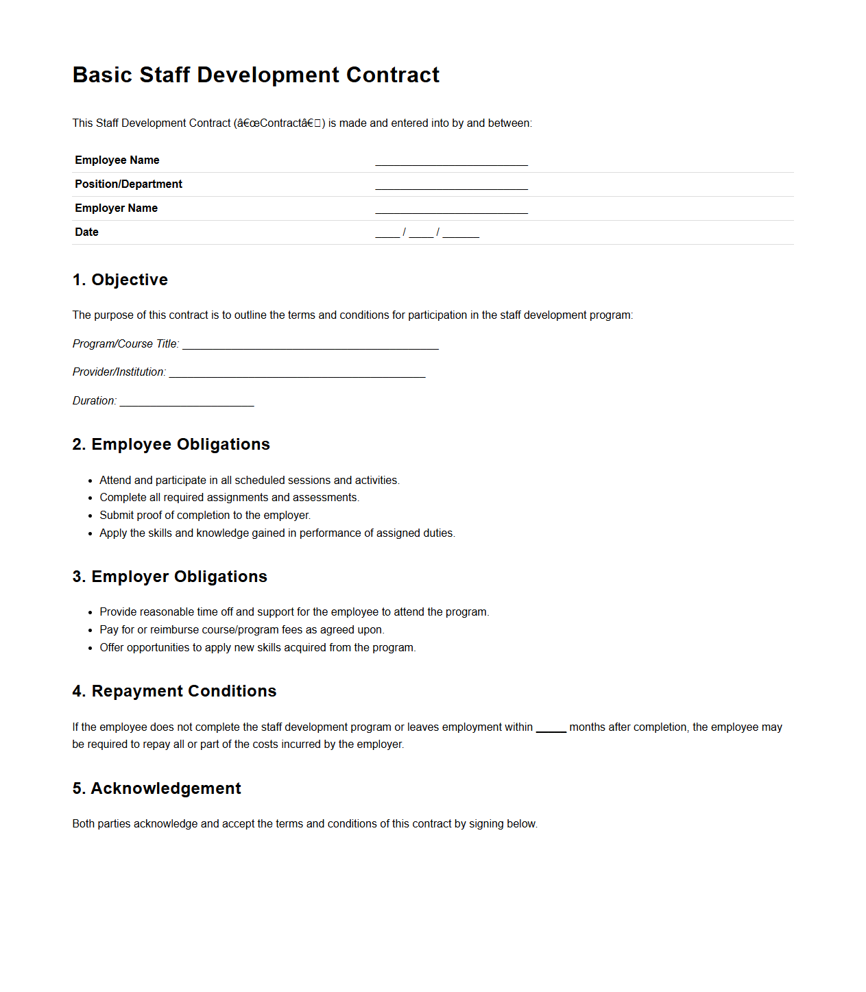 Basic Staff Development Contract Sample