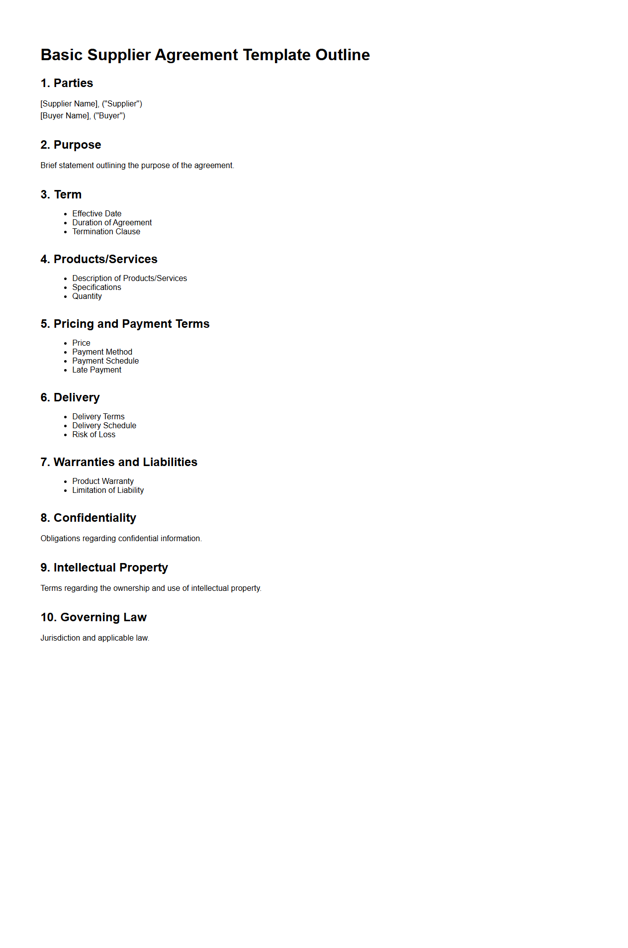 Basic Supplier Agreement Template Outline