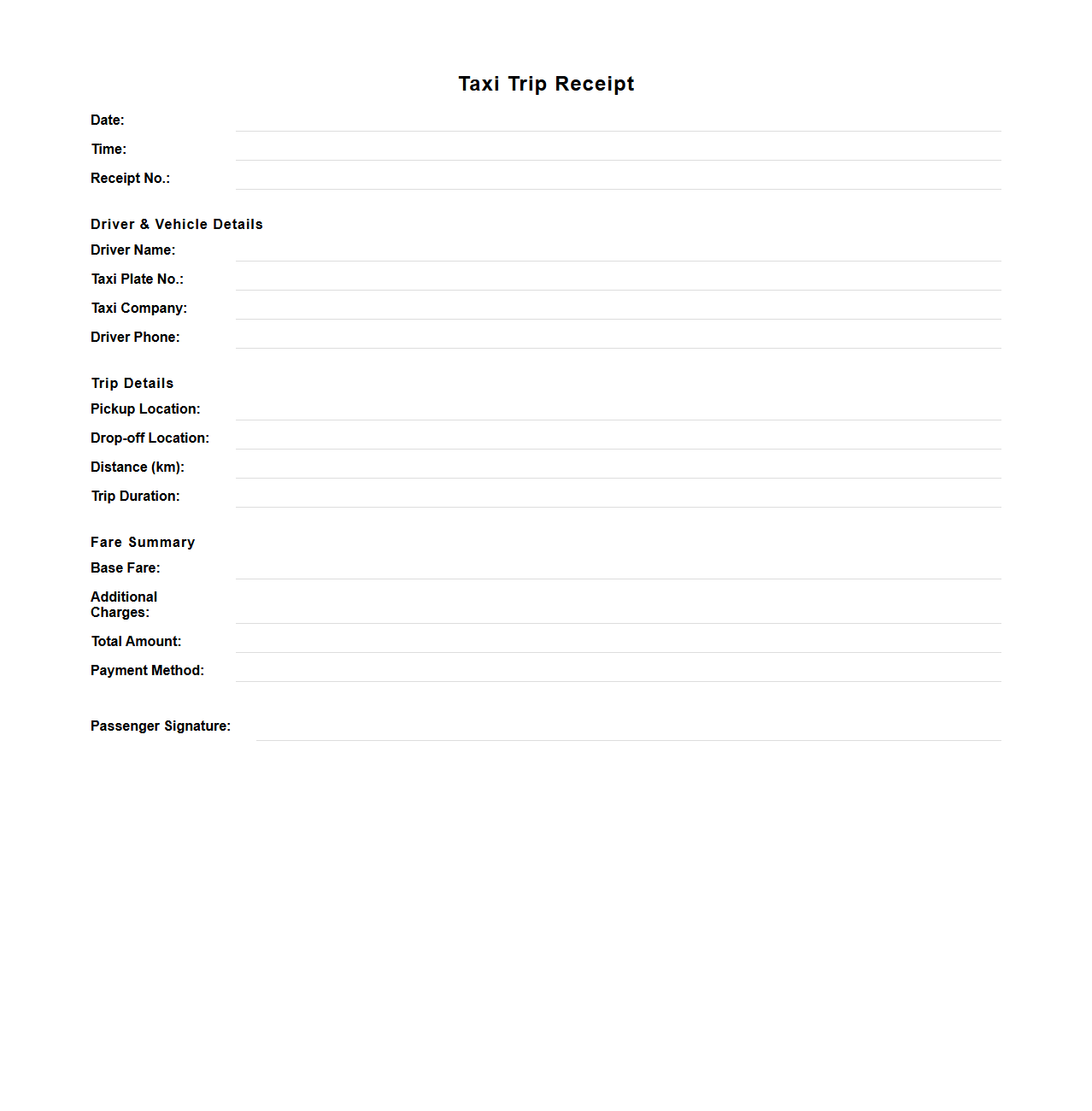 Basic Taxi Trip Receipt Template for Drivers
