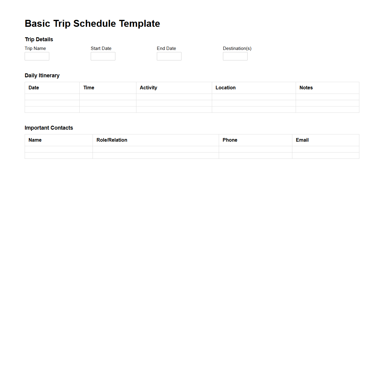 Basic Trip Schedule Template