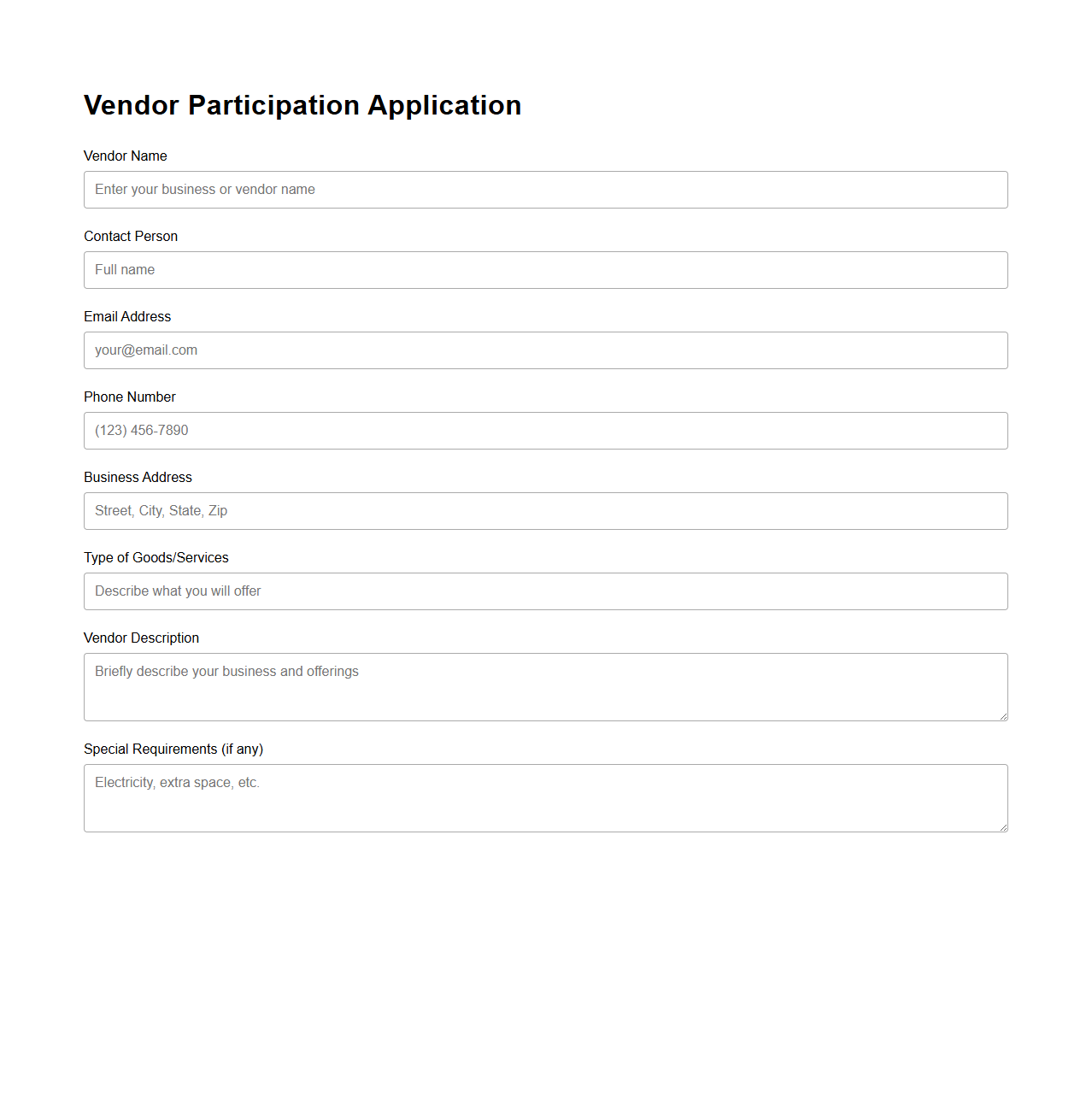 Basic Vendor Participation Application Template