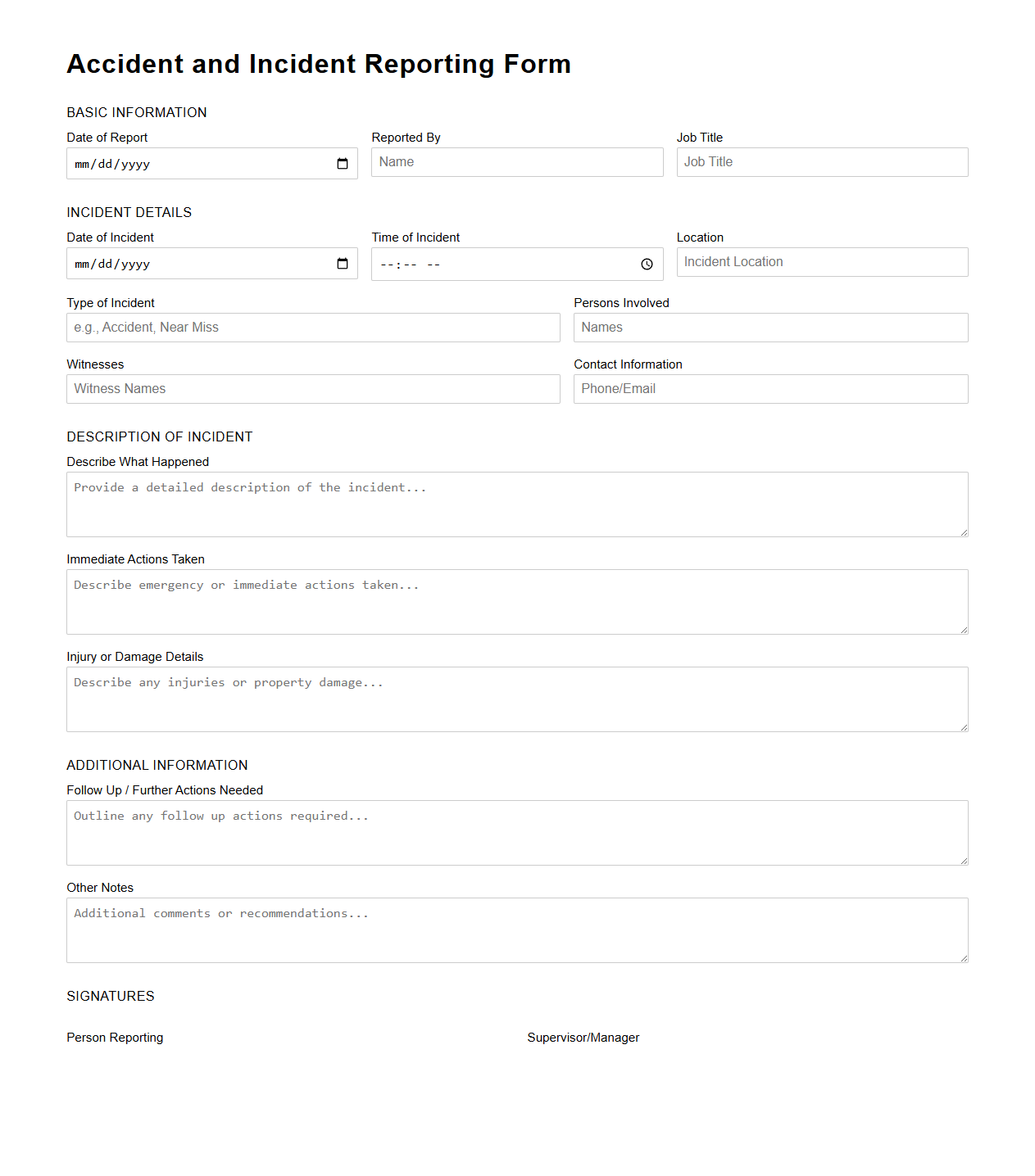 Blank Accident and Incident Reporting Form