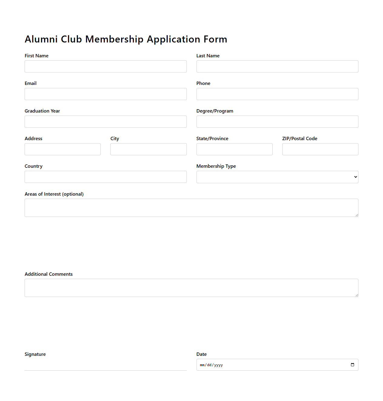 Blank Alumni Club Membership Application Form