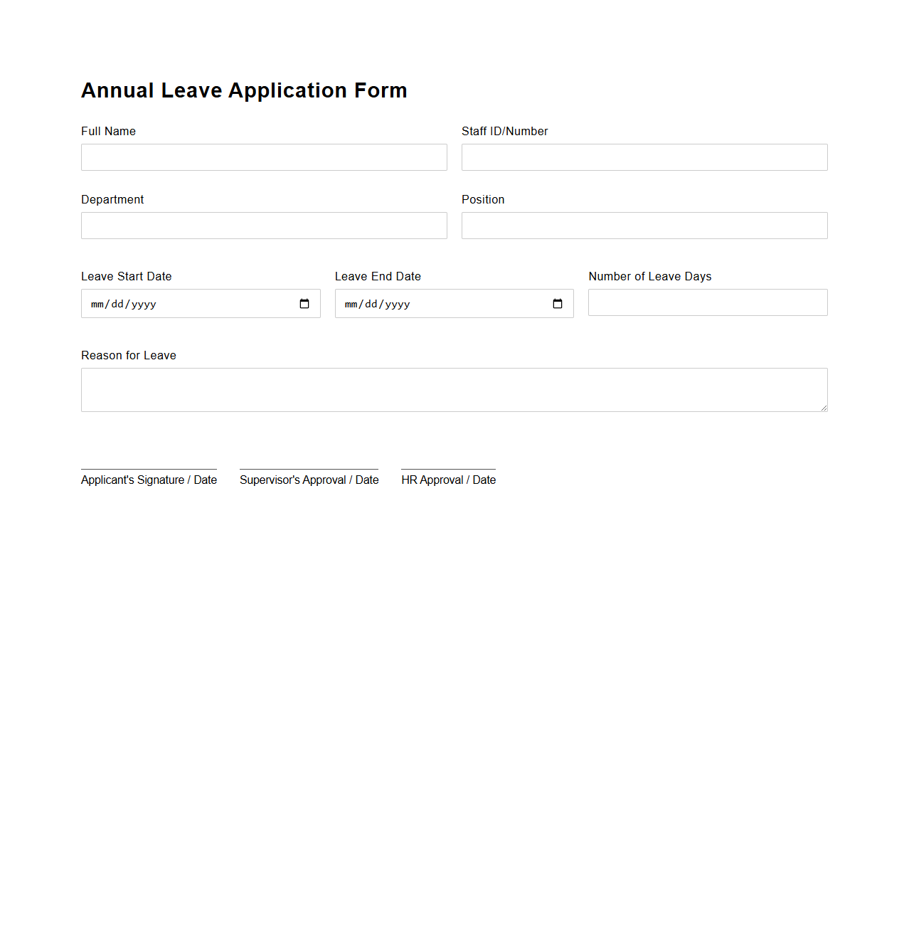 Blank Annual Leave Application Form for Staff