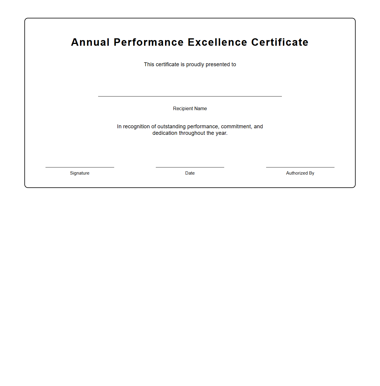 Blank Annual Performance Excellence Certificate Template