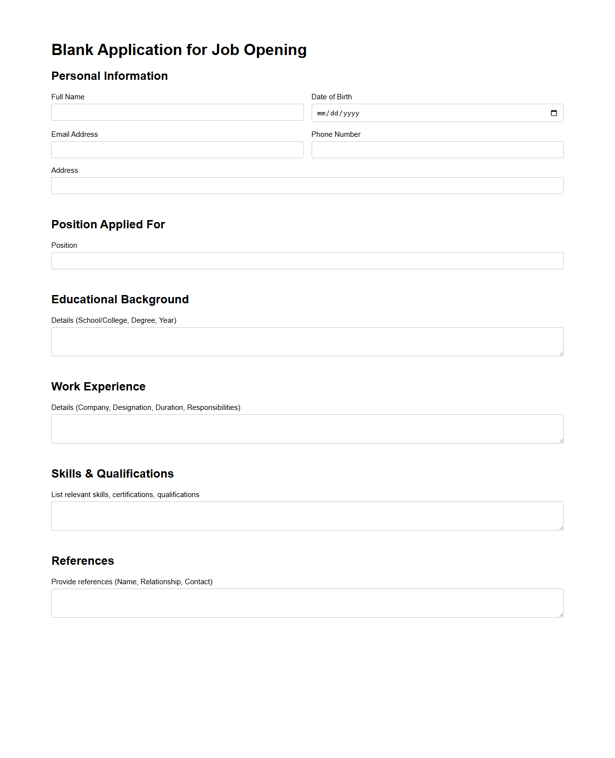 Blank Application for Job Opening Template