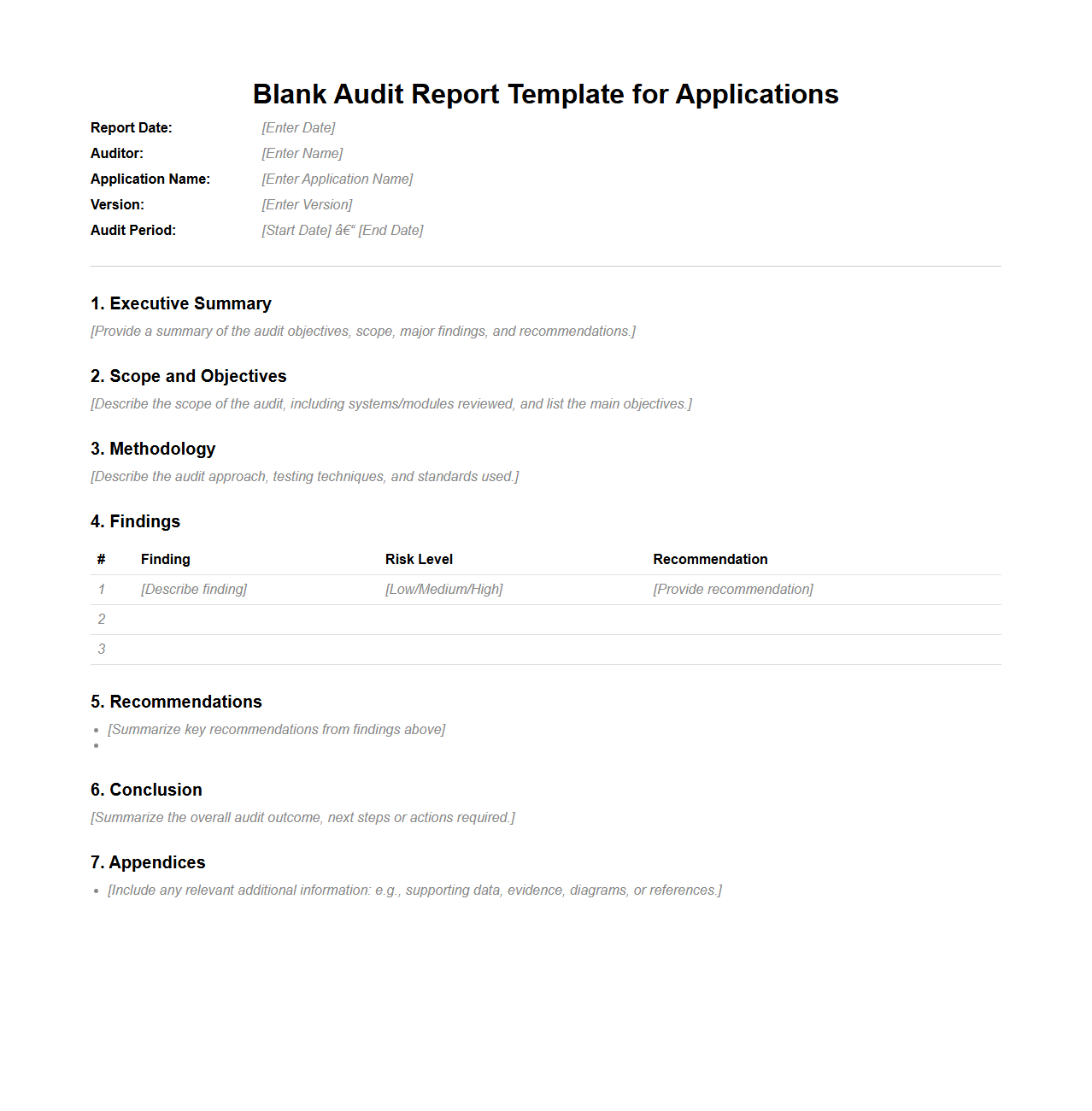Blank Audit Report Template for Applications