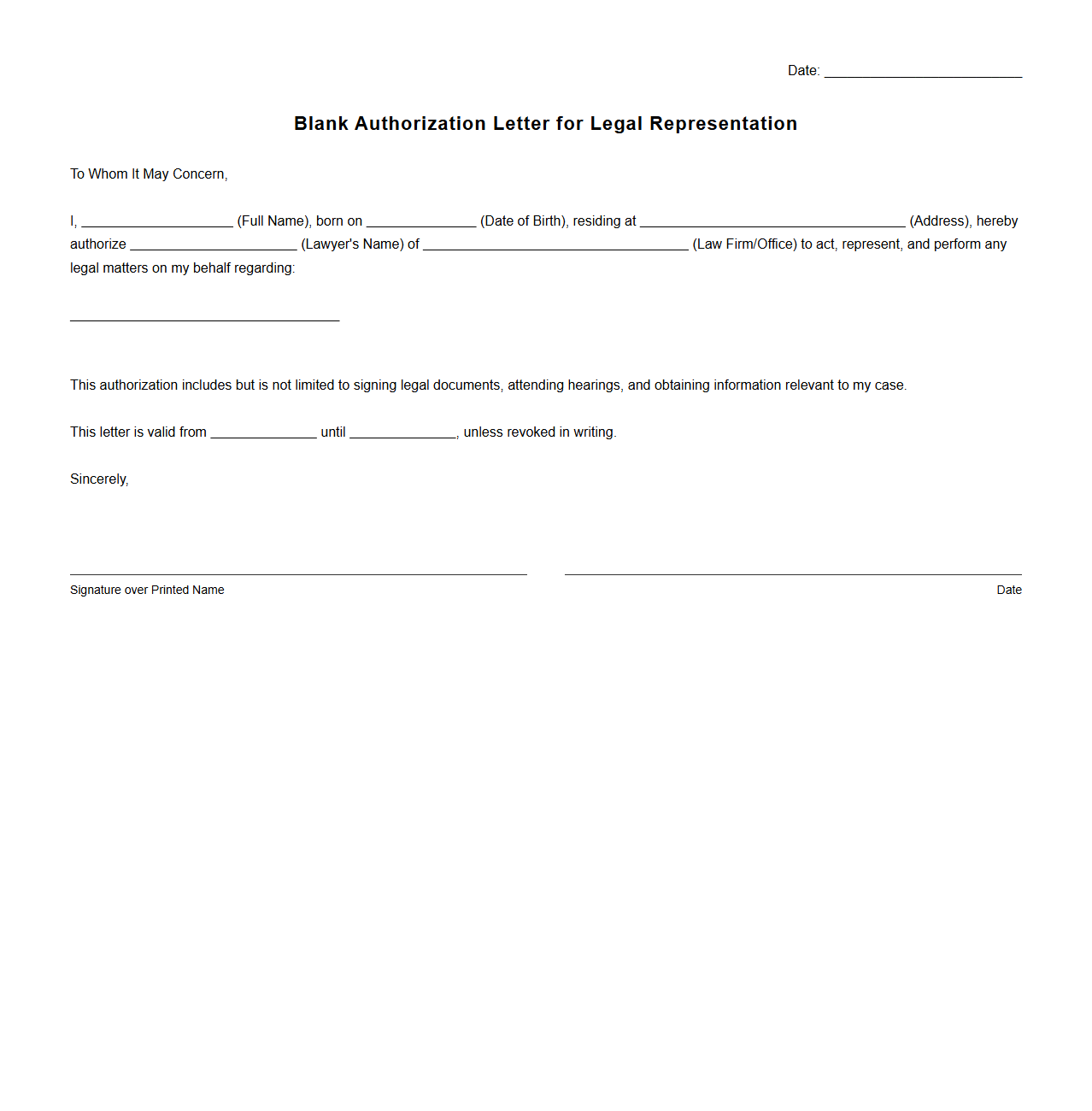 Blank Authorization Letter Template for Legal Representation