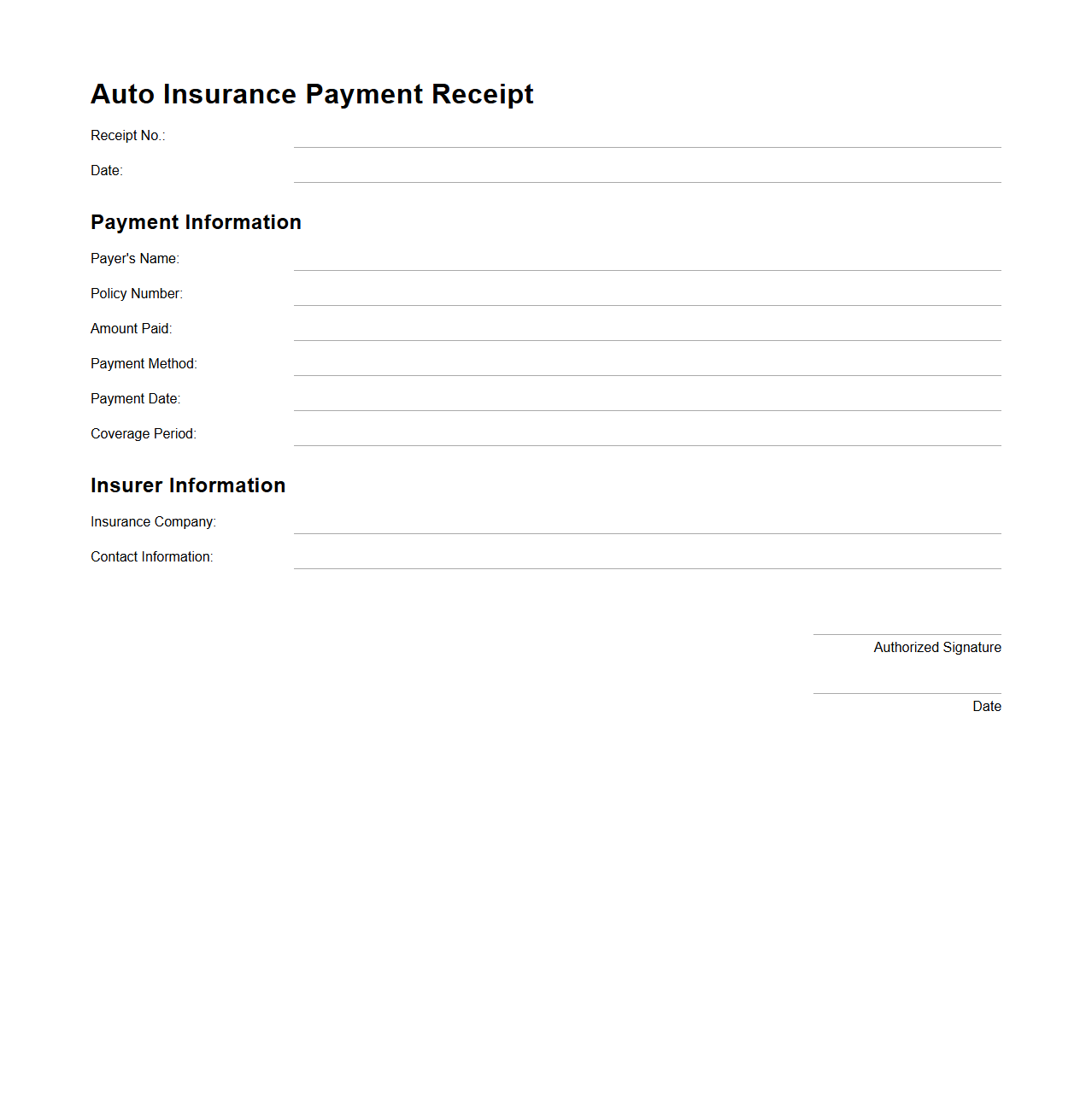 Blank Auto Insurance Payment Receipt Template