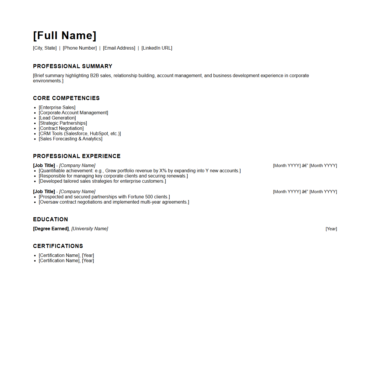 Blank B2B Sales Resume Template for Corporate Accounts