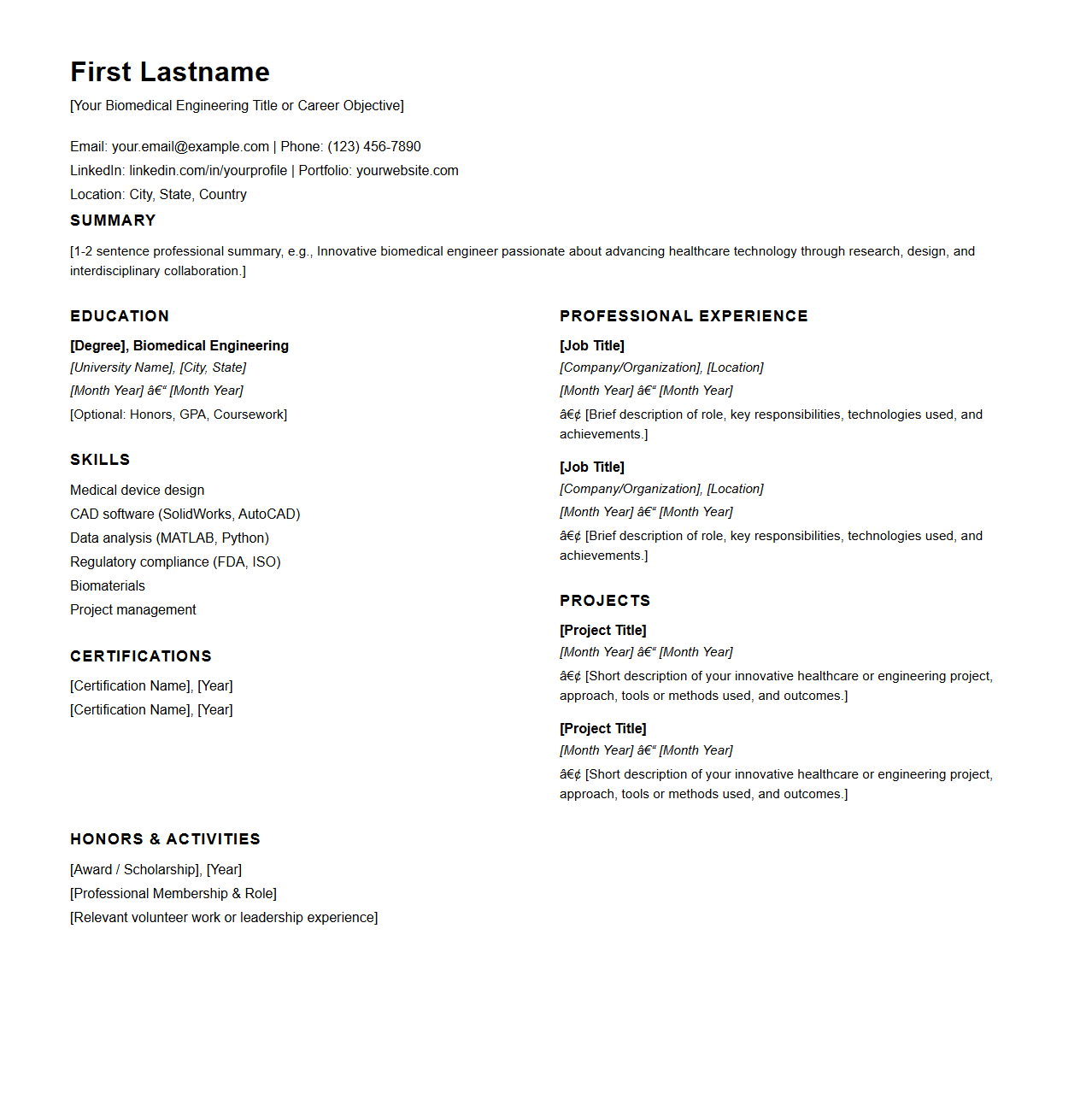 Blank Biomedical Engineering Resume Template for Healthcare Innovators