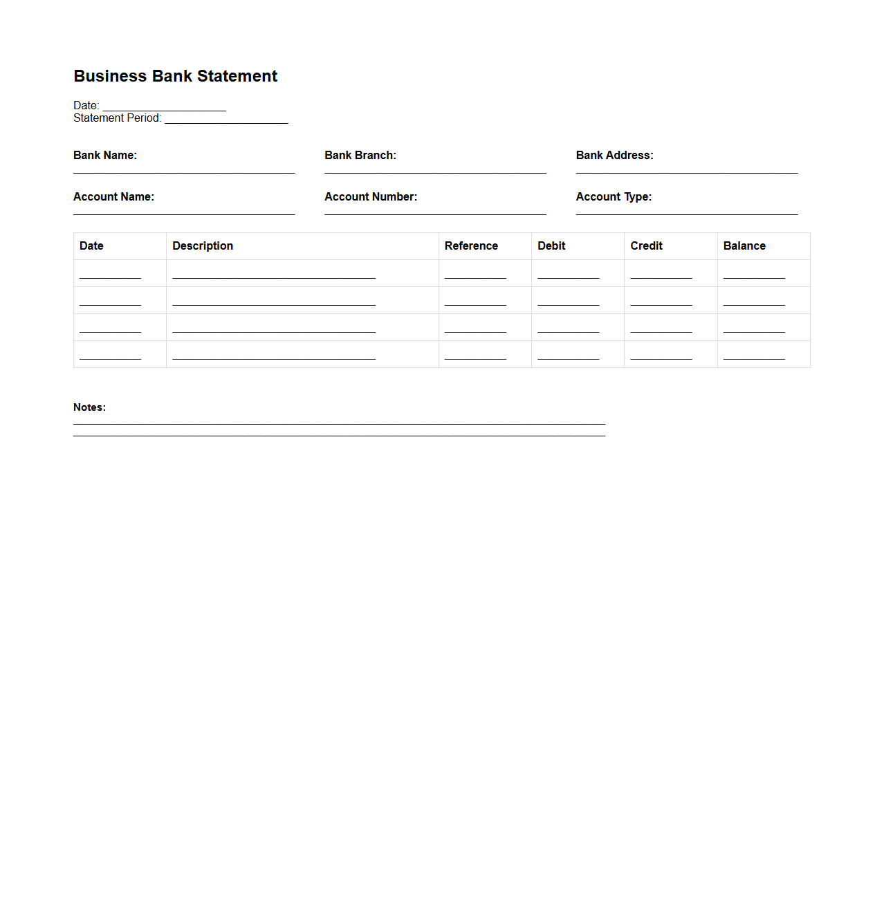Blank Business Bank Statement Template for Accounting
