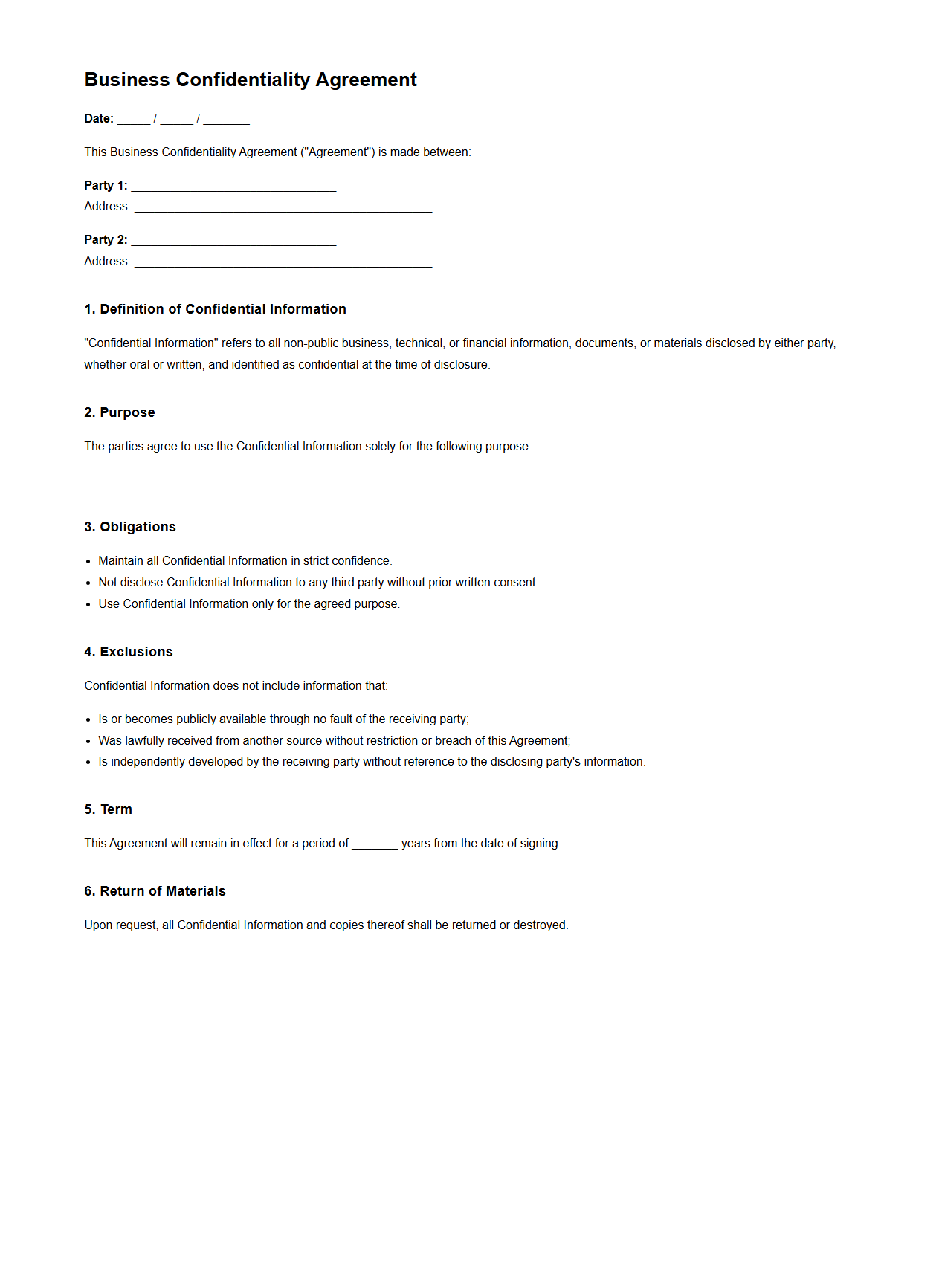 Blank Business Confidentiality Agreement Template for Parties