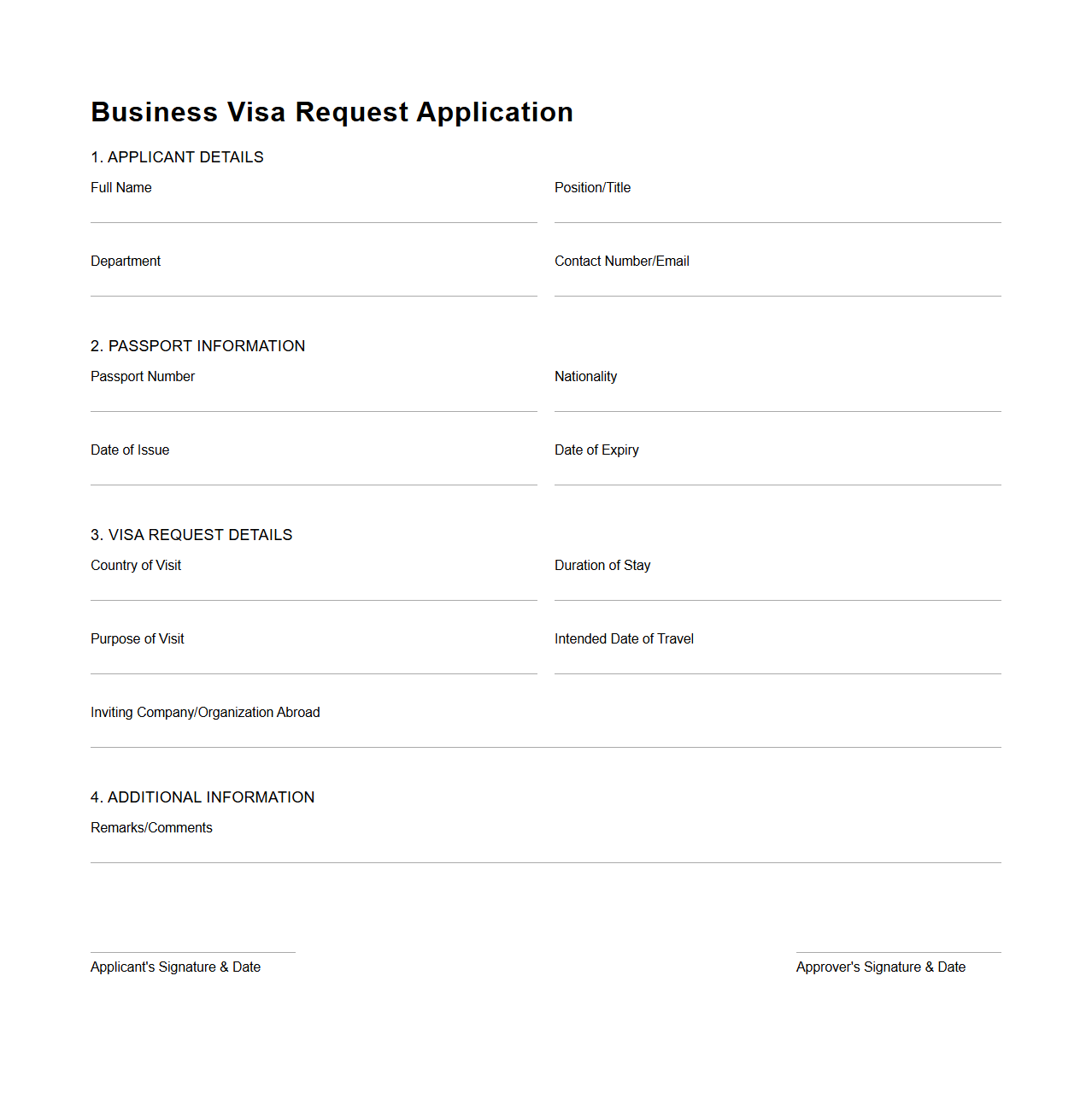 Blank Business Visa Request Application Sheet