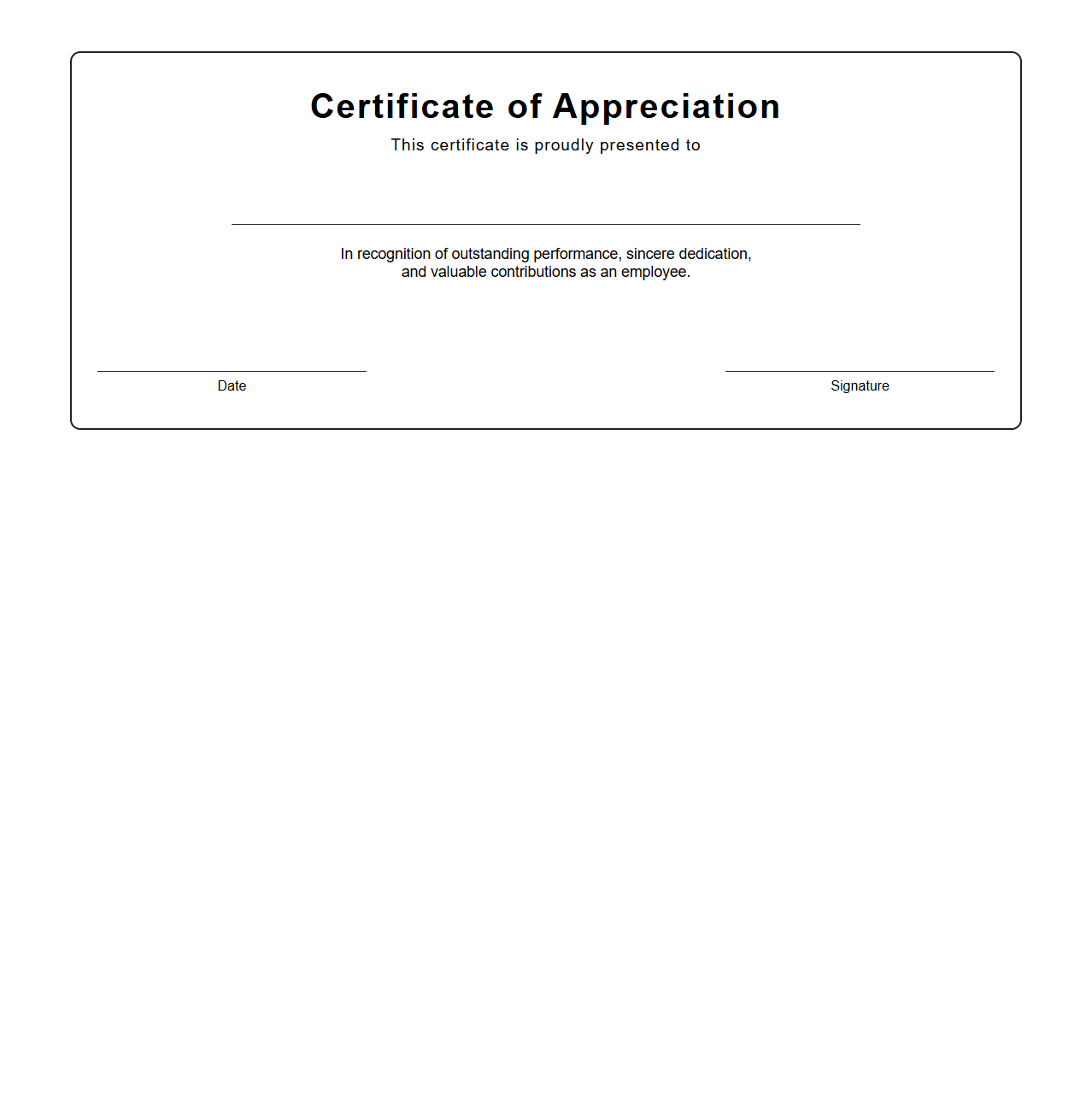 Blank Certificate Template for Employee Appreciation