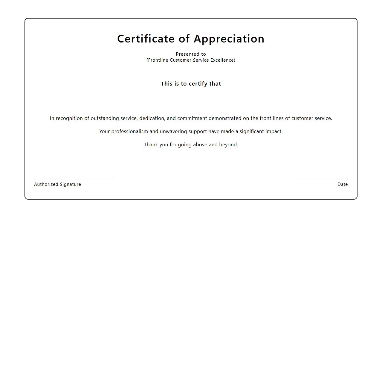 Blank Certificate Template for Frontline Customer Service
