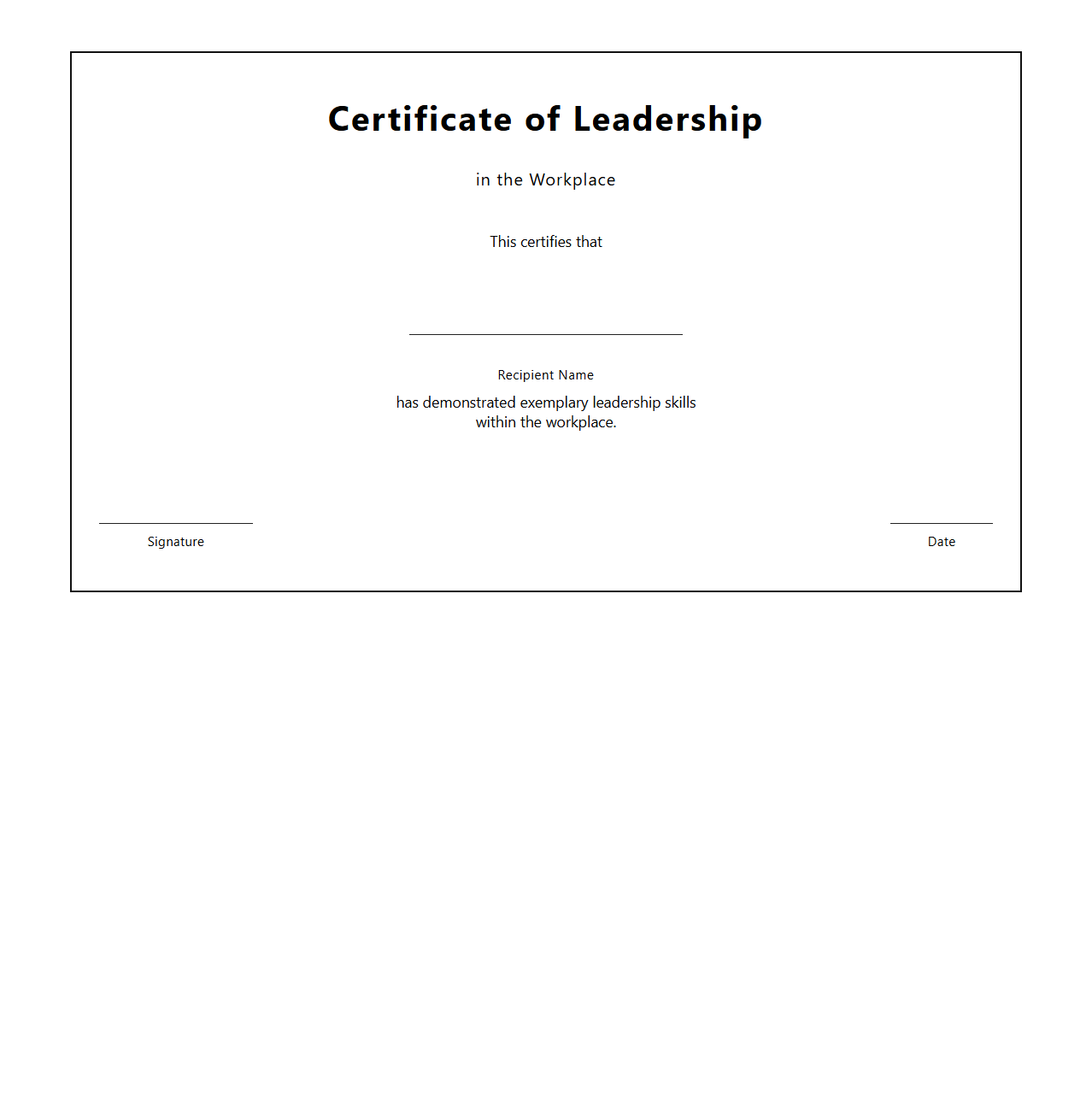 Blank Certificate Template for Leadership in the Workplace