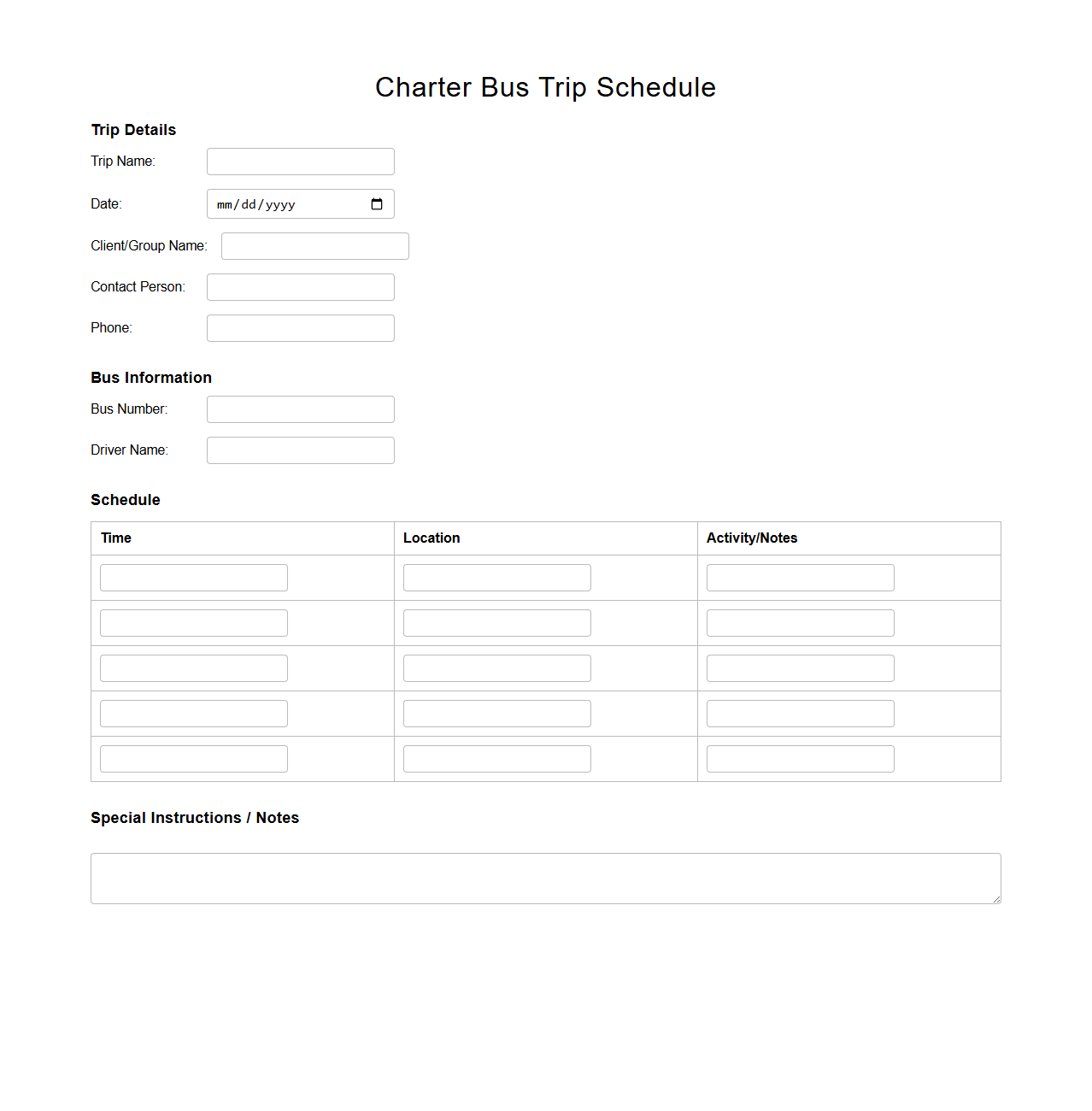Blank Charter Bus Trip Schedule Template