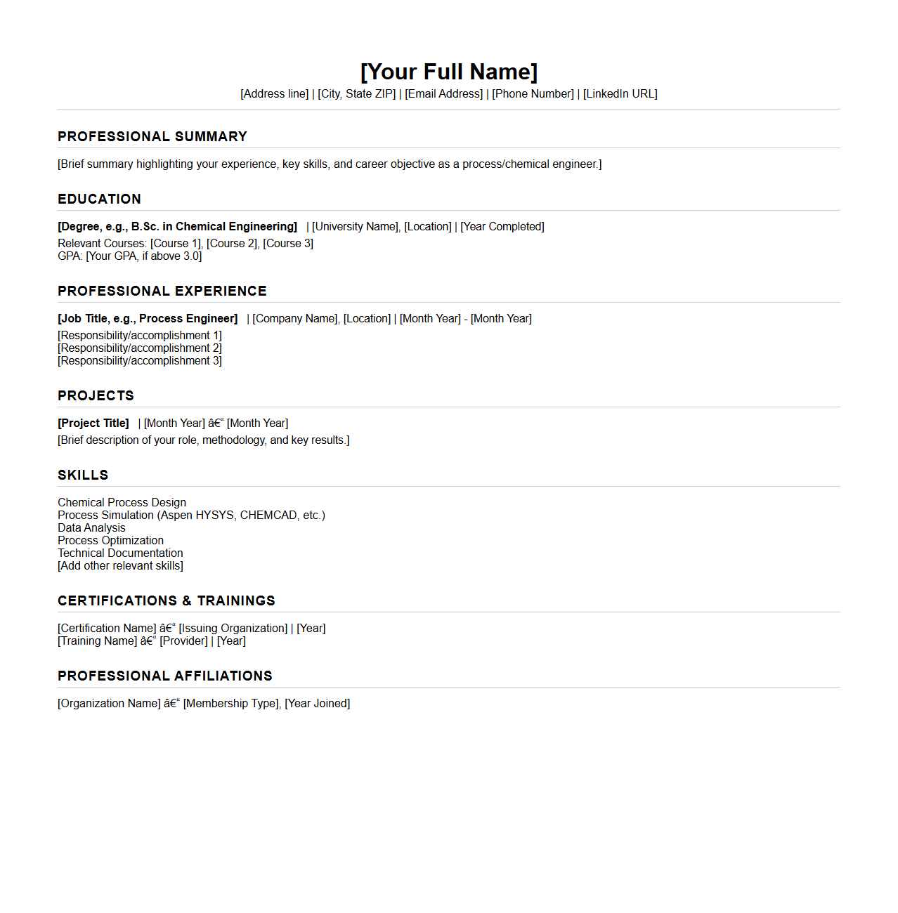 Blank Chemical Engineering Resume Template for Process Engineers
