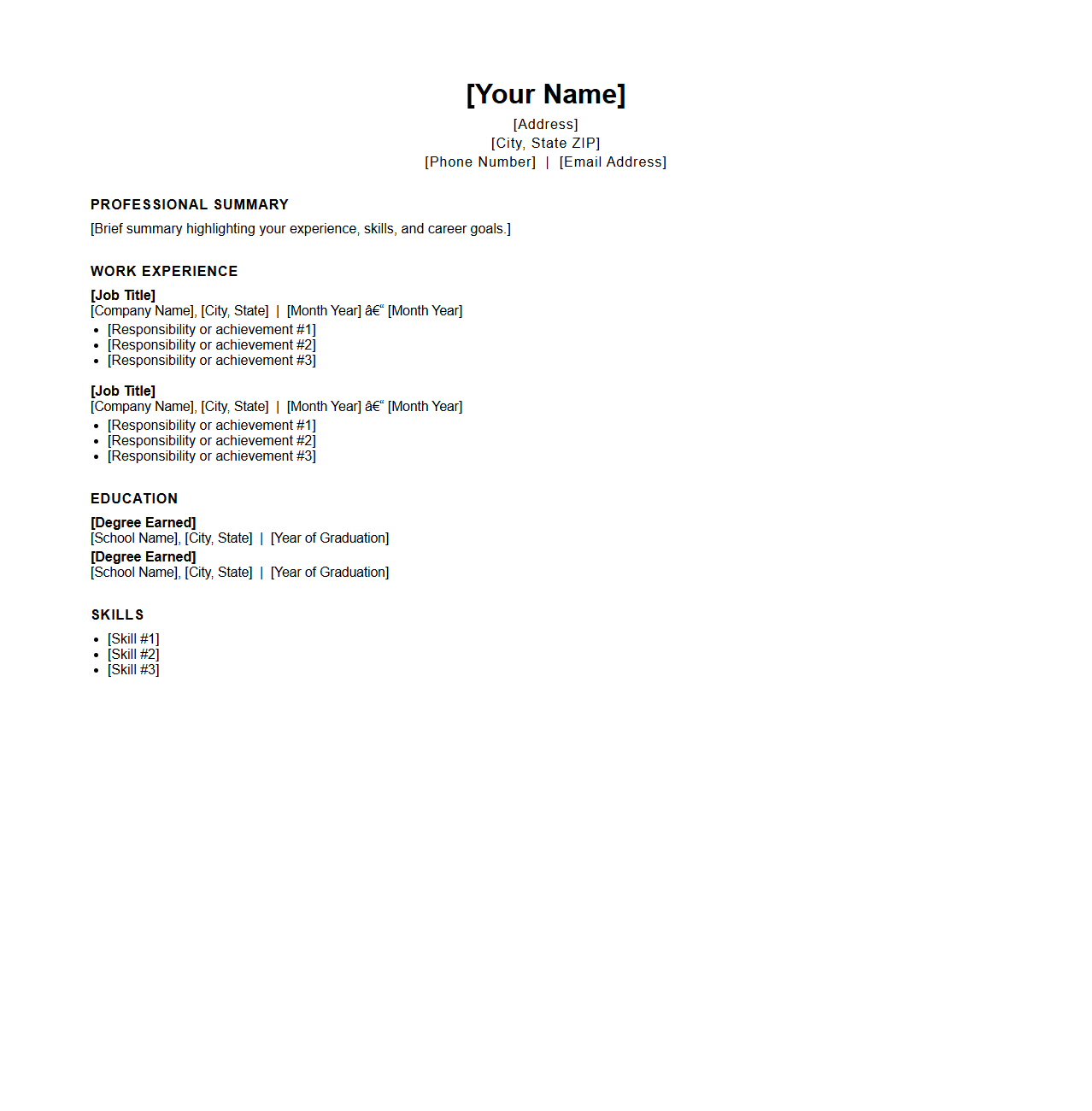Blank Chronological Resume Sample for Job Applications