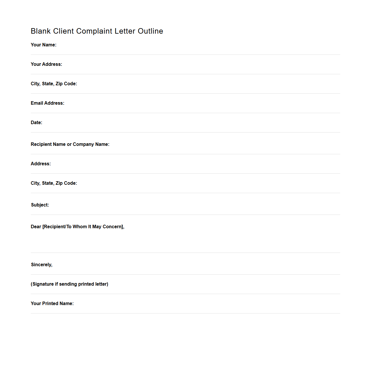 Blank Client Complaint Letter Outline