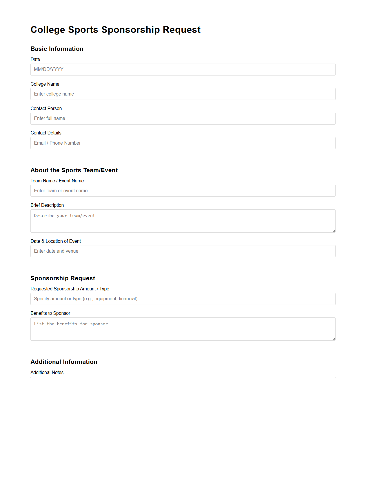 Blank College Sports Sponsorship Request Document