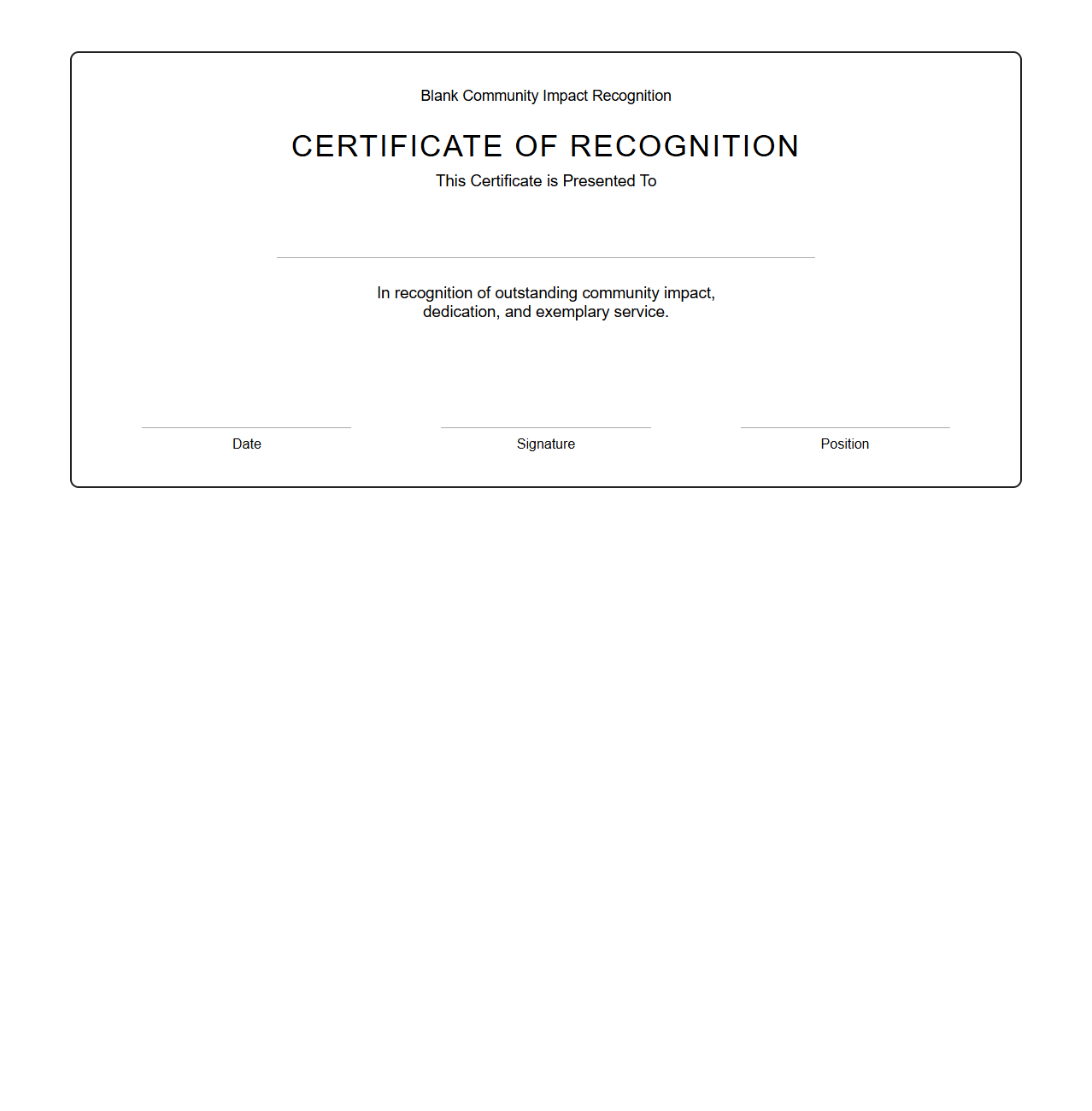 Blank Community Impact Recognition Certificate Template