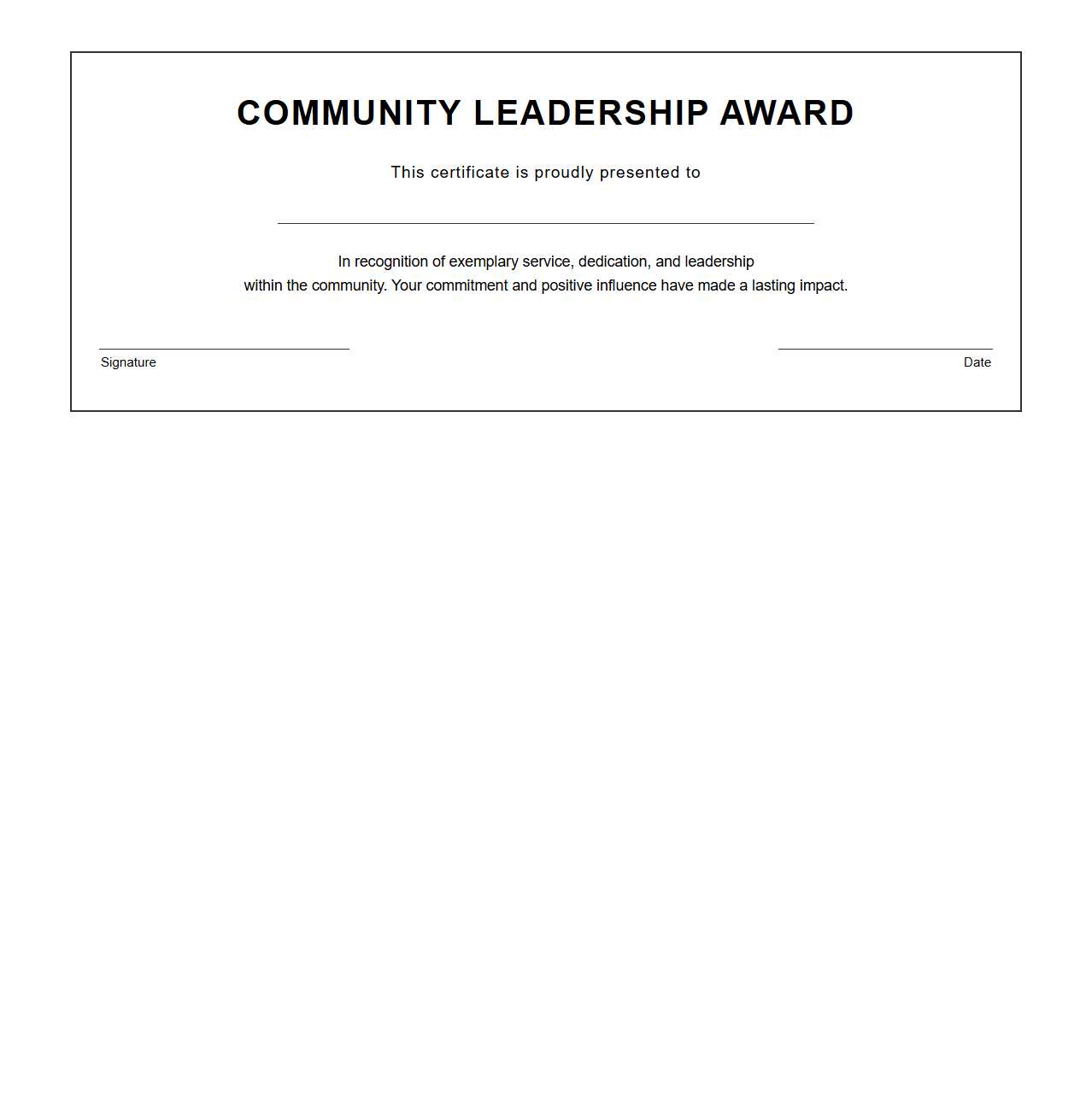 Blank Community Leadership Award Certificate